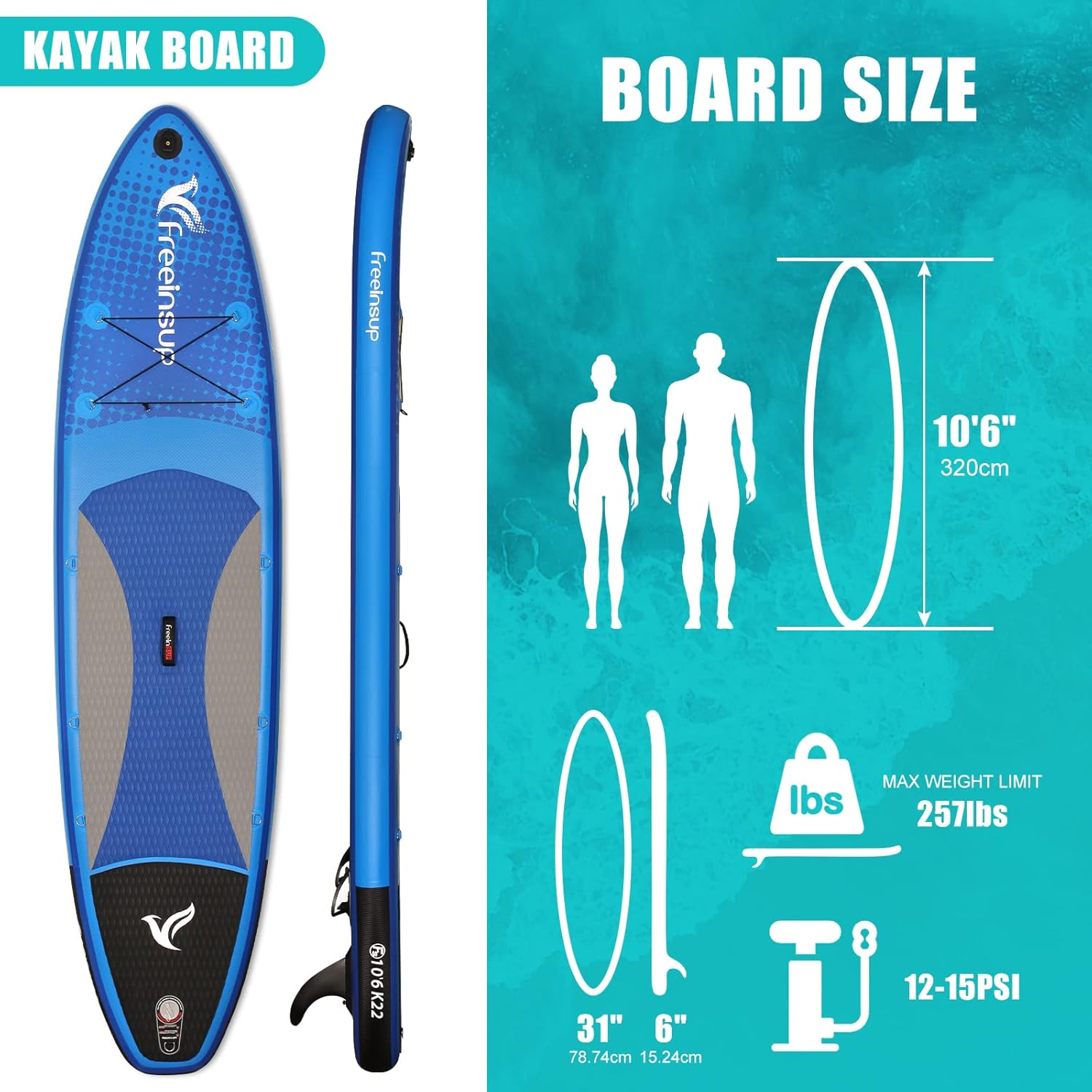 Freein Stand Up Paddle Board Kayak SUP Inflatable Stand up Paddle Board SUP 10’10’6×31 x6, 2 Blades Paddle, Dual Action Pump, Triple Fins, Leash,