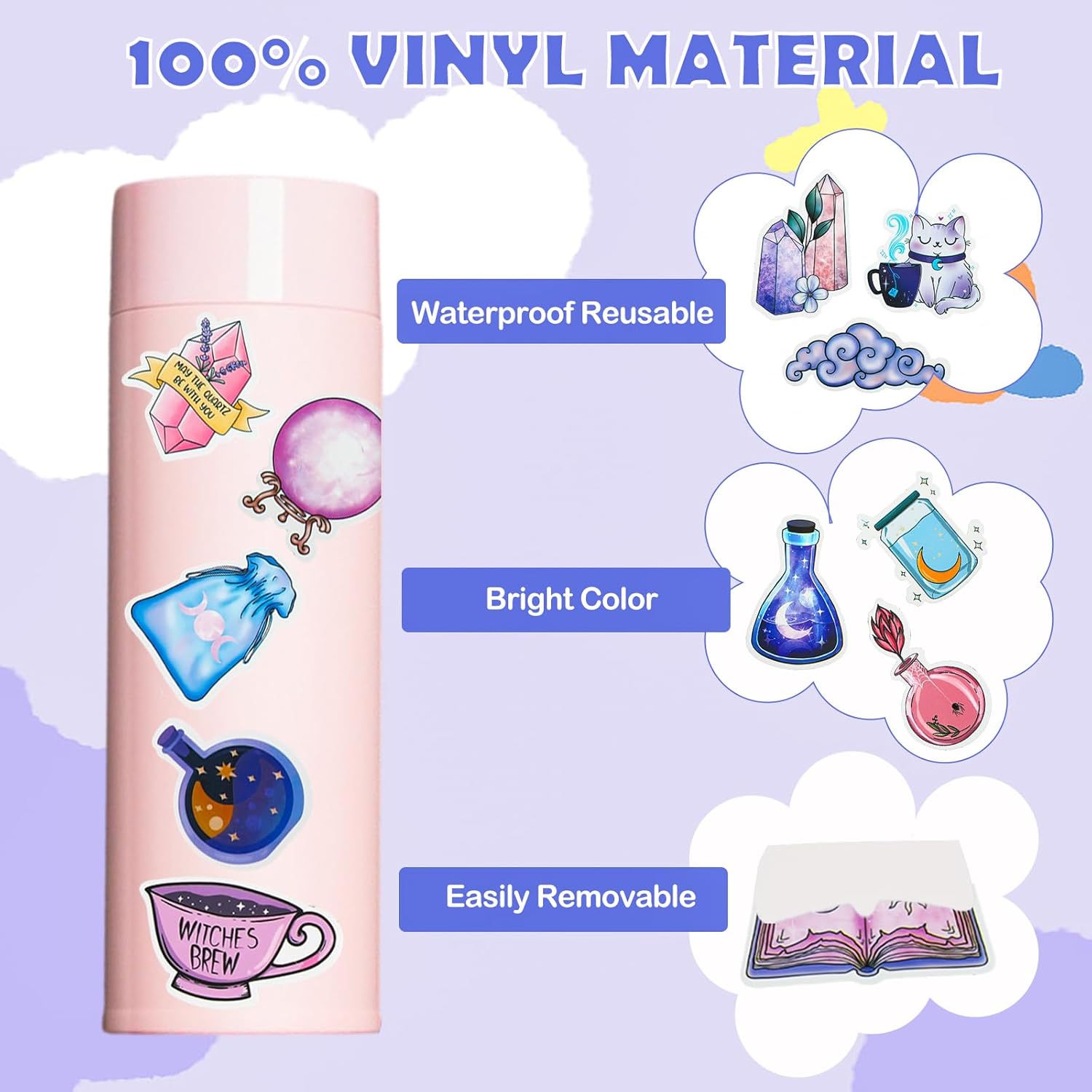 100 calcomanías mágicas de luna de medianoche para botellas de agua, paquetes de calcomanías de bruja morada para adolescentes, calcomanías de
