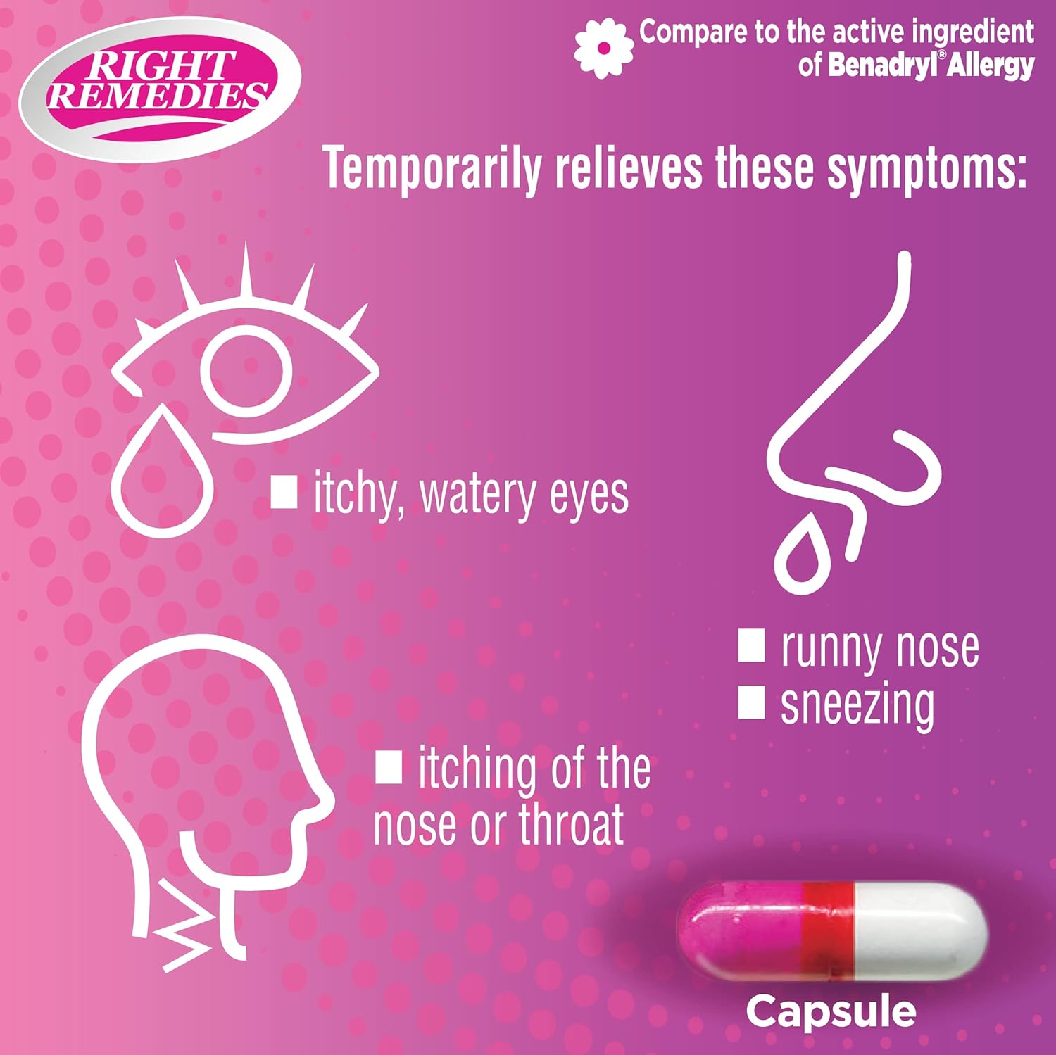 RIGHT REMEDIES Alivio de la alergia, antihistamínico, difenhidramina HCL 25 mg, cápsulas genéricas de benadryl, alivia las alergias estacionales en