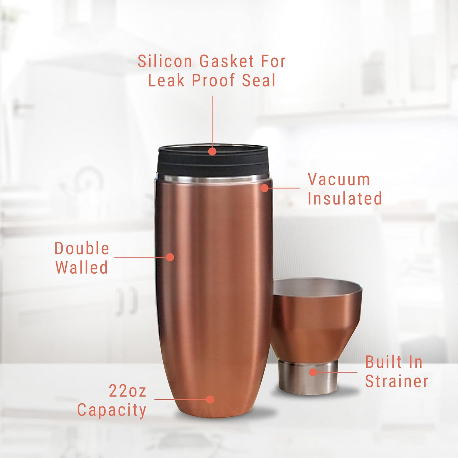 SNOWFOX Coctelera de acero inoxidable con aislamiento al vacío de alta calidad, accesorios de bar en casa, elegante mezclador de bebidas, tapa a