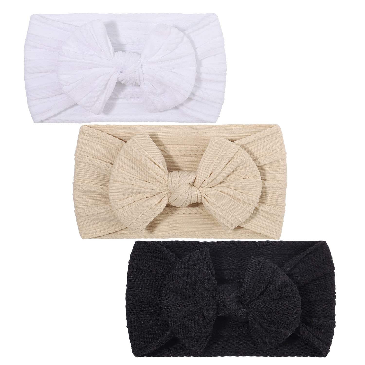 Diademas con lazo para bebé y niñas, hechos a mano, suaves lazos para recién nacidos, para bebés, color negro y blanco (negro+blanco+beige)