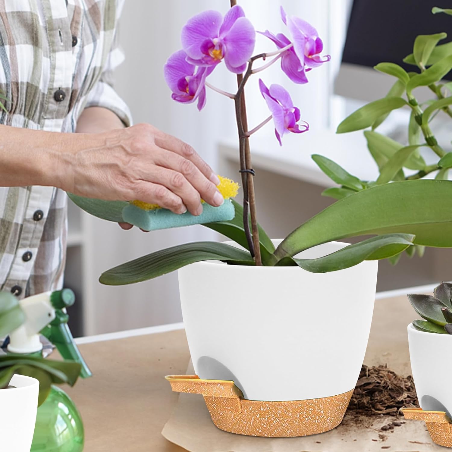 Macetas para plantas, 6 macetas de riego automático de 876.565.55 pulgadas con agujeros de drenaje y depósito profundo para plantas de interior y