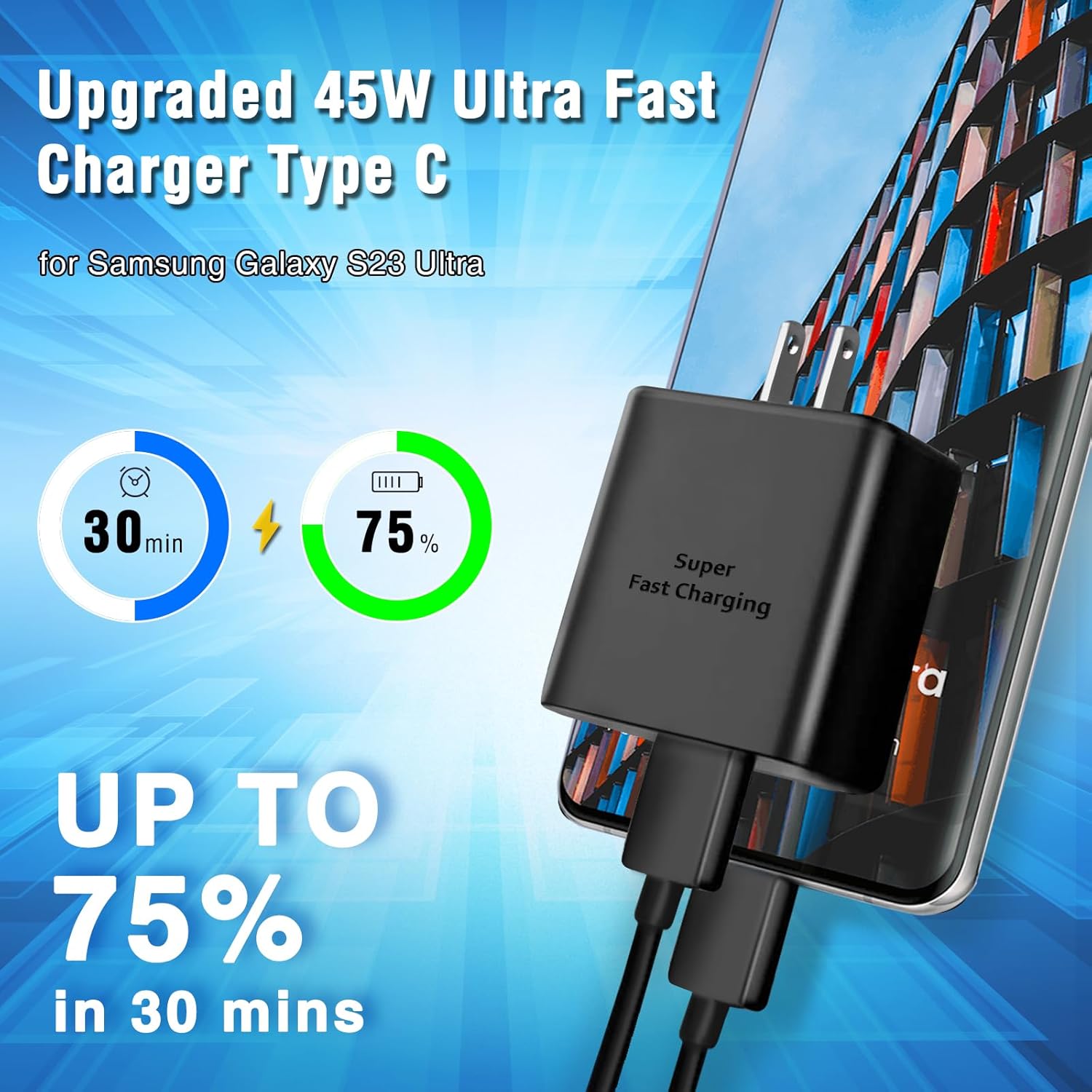 Cargador súper rápido de 45 W, cargador de teléfono Android USB C de carga rápida tipo C con cable de 5 pies para Samsung Galaxy S24 S23 S21 S20