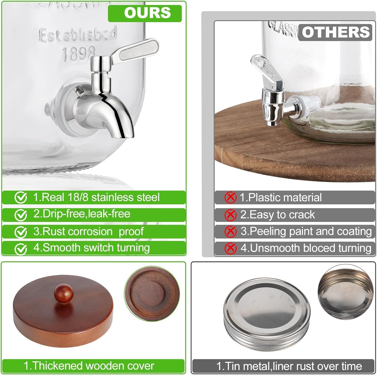 Dispensador de bebidas de vidrio con soporte de madera, dispensador de bebidas de 1 galón para fiestas con espiga de acero inoxidable 188 a prueba