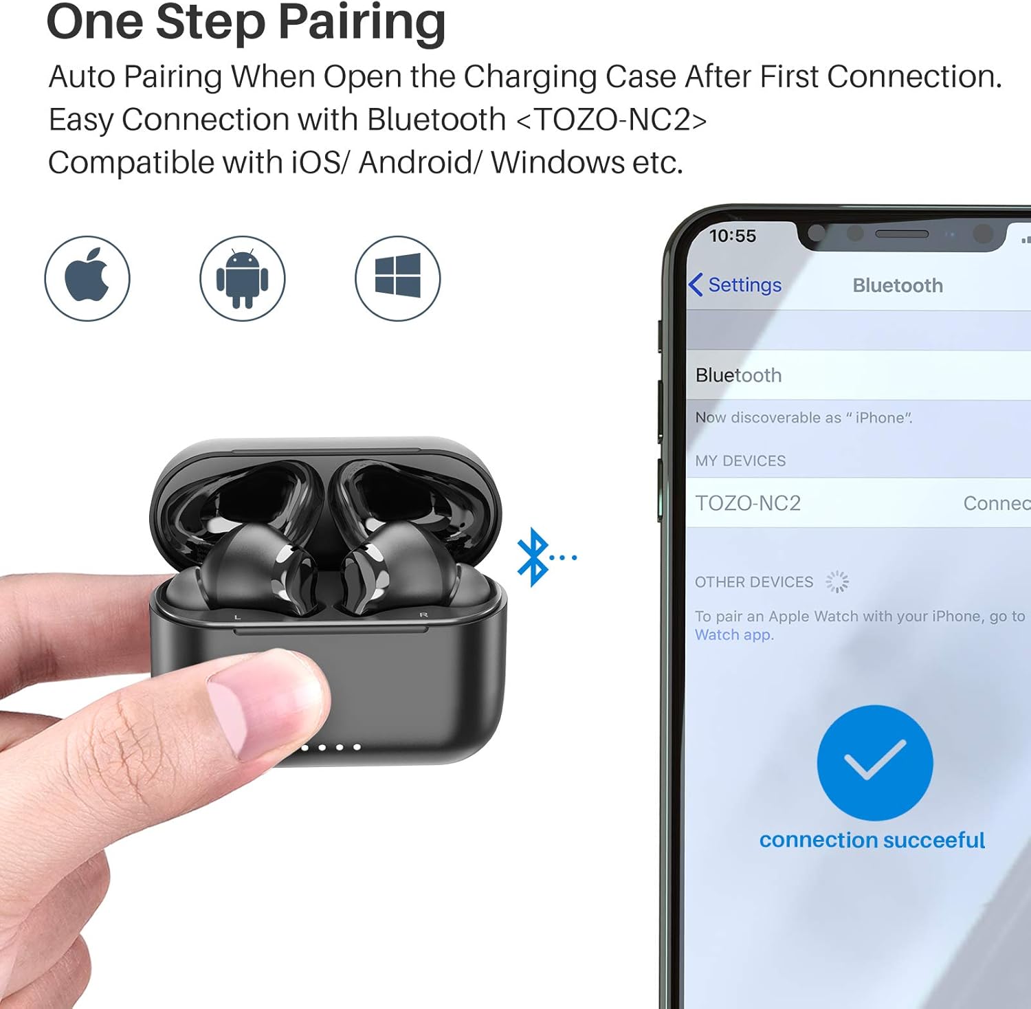 TOZO NC2 – Audífonos intraauriculares inalámbricos con cancelación activa de ruido, auriculares inalámbricos ANC con detección en el oído,