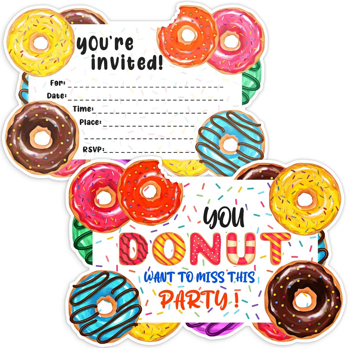 30 invitaciones de fiesta de donas con sobres, suministros de decoración de fiesta de cumpleaños de donas