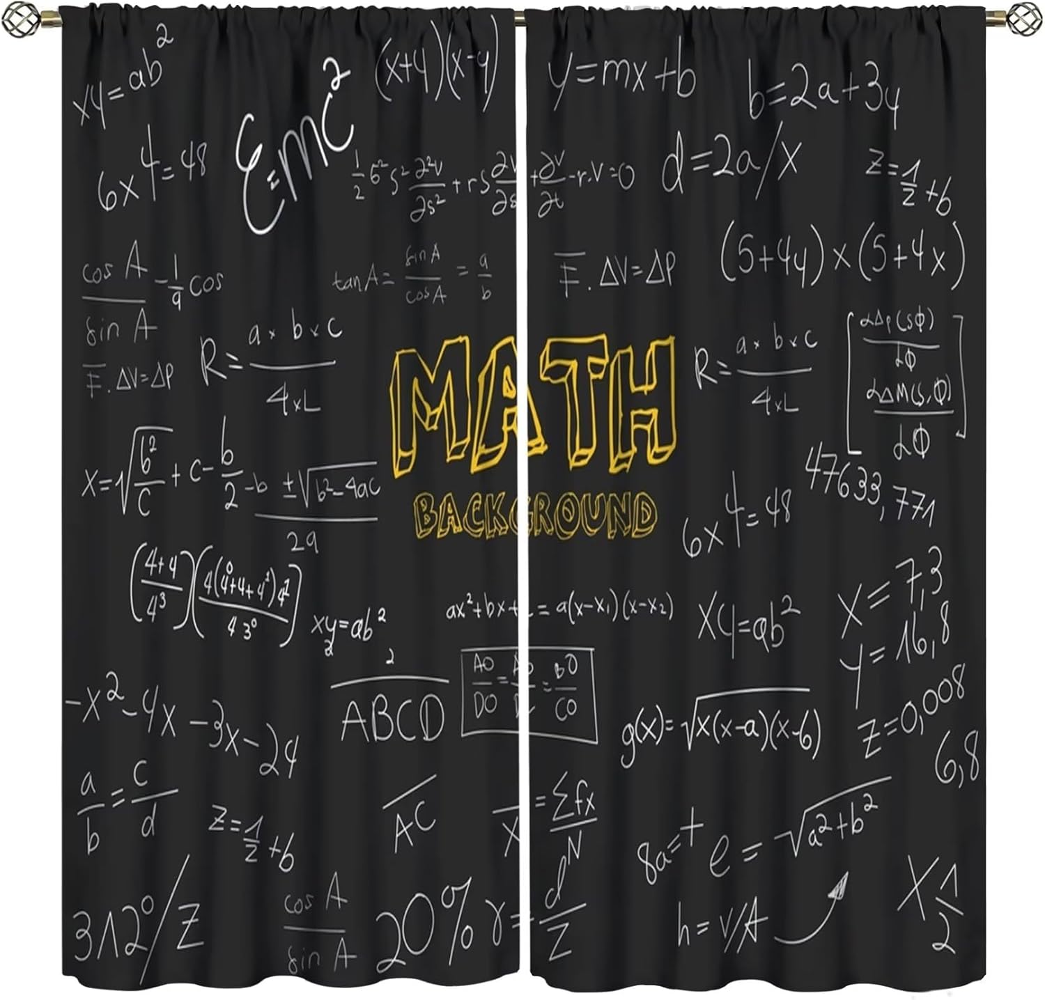 Cortinas de pizarra de matemáticas, diseño geométrico, matemáticas, física, fondo negro, cortinas opacas con bolsillo para barra, para dormitorio,