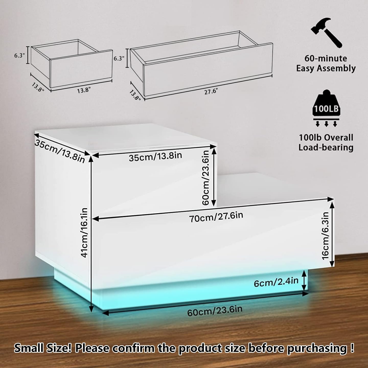 HOMMPA Mesita de noche LED pequeña, moderna mesa de noche blanca de alto brillo con 2 cajones, mesita de noche con luz LED, mesa auxiliar con