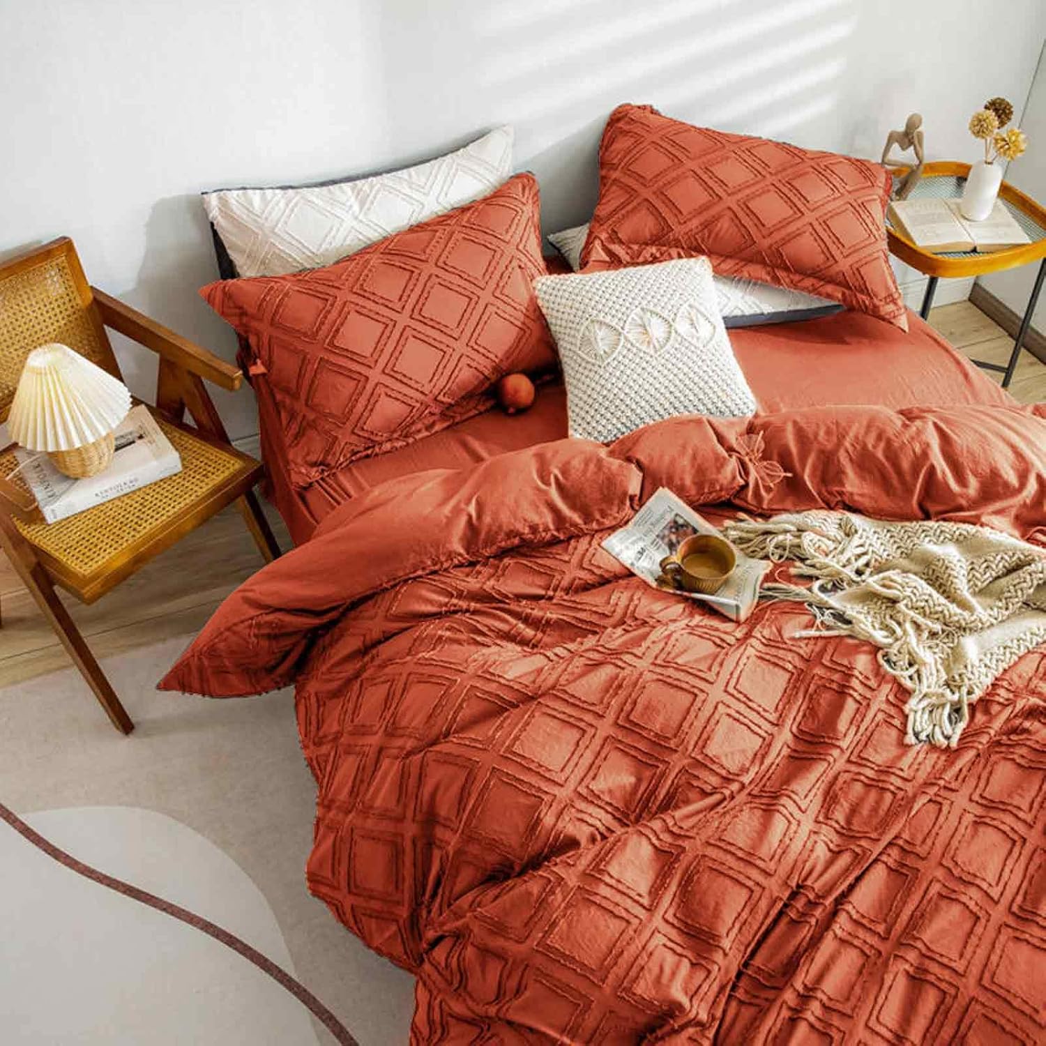 Nanko – Edredón tamaño King color naranja, bohemio, jacquard suave, desgastado y elegante, microfibra alternativa, todas las estaciones, edredón de