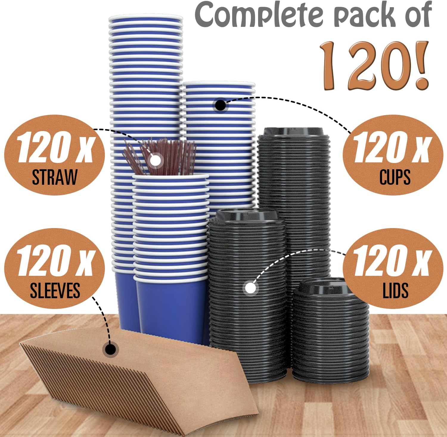 To Go – Tazas de papel de 12 onzas, paquete de 120 vasos desechables con tapas, mangas, popotes, bebidas calientesfrías para agua, jugo, café o té,