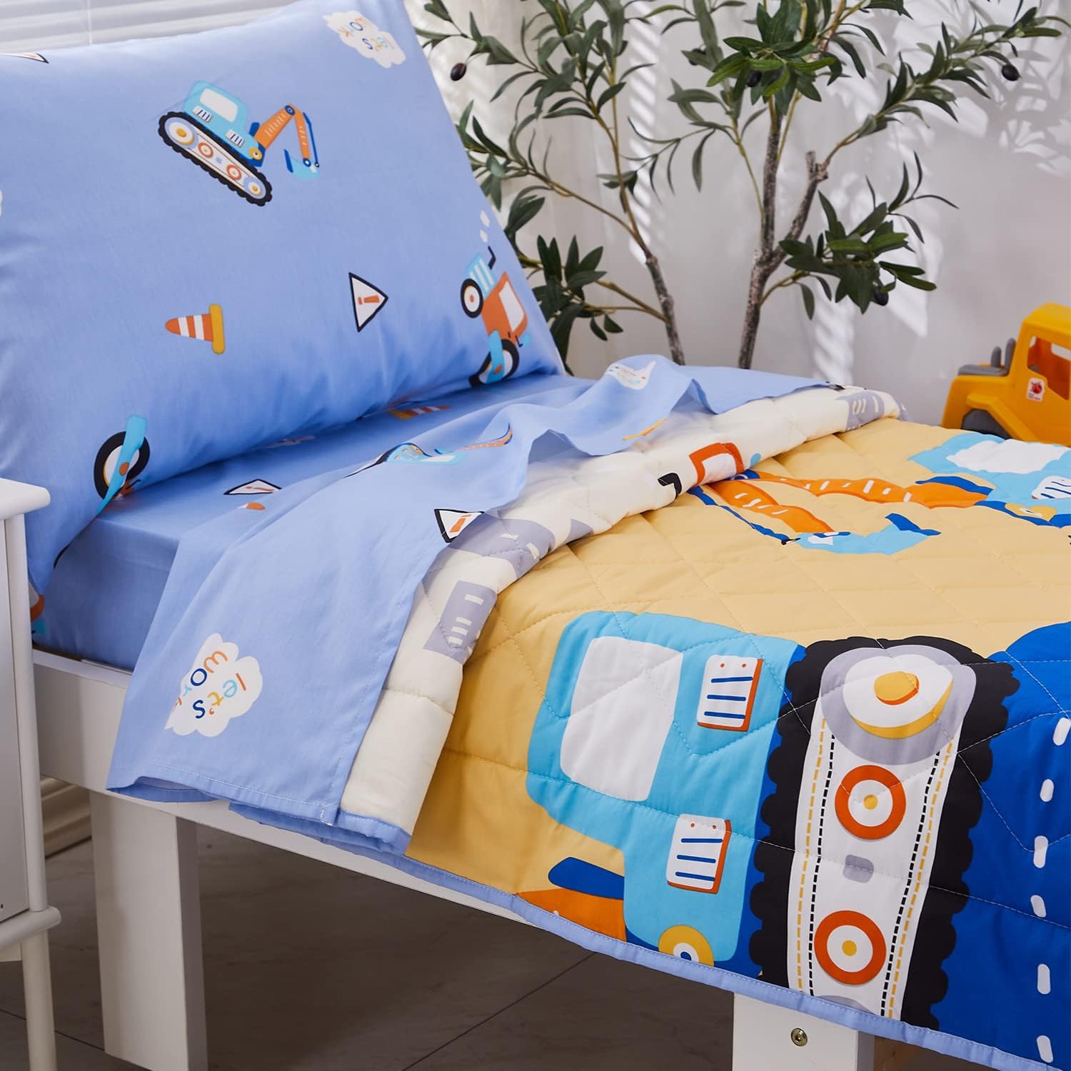 Brandream Juego de ropa de cama para niños pequeños, diseño de vehículos excavadores de construcción, cama de guardería en una bolsa, colcha de