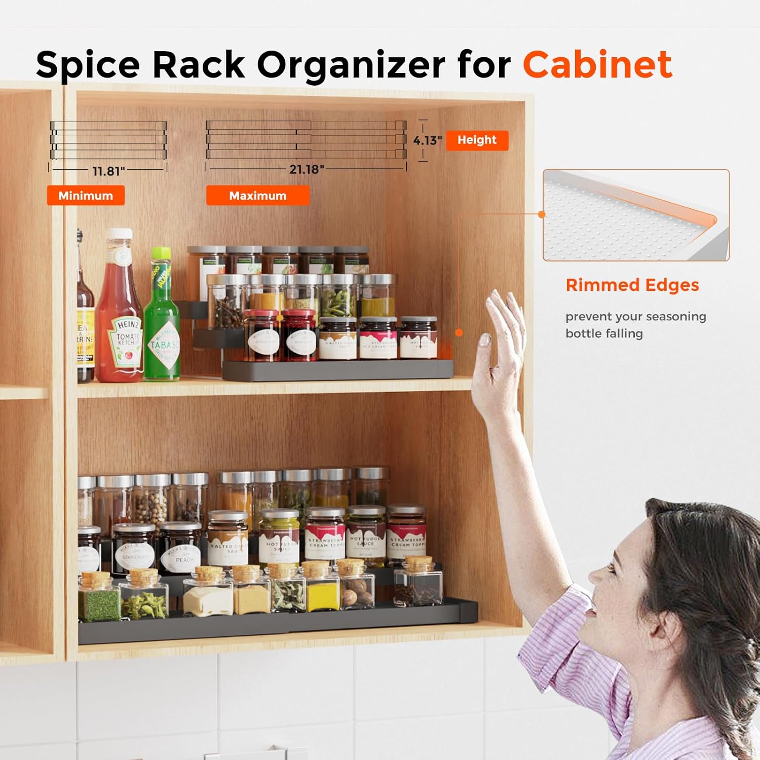 Organizador de especias expandible para gabinete, organizador de especias ajustable de 3 niveles, fácil visibilidad, organizador de especias para