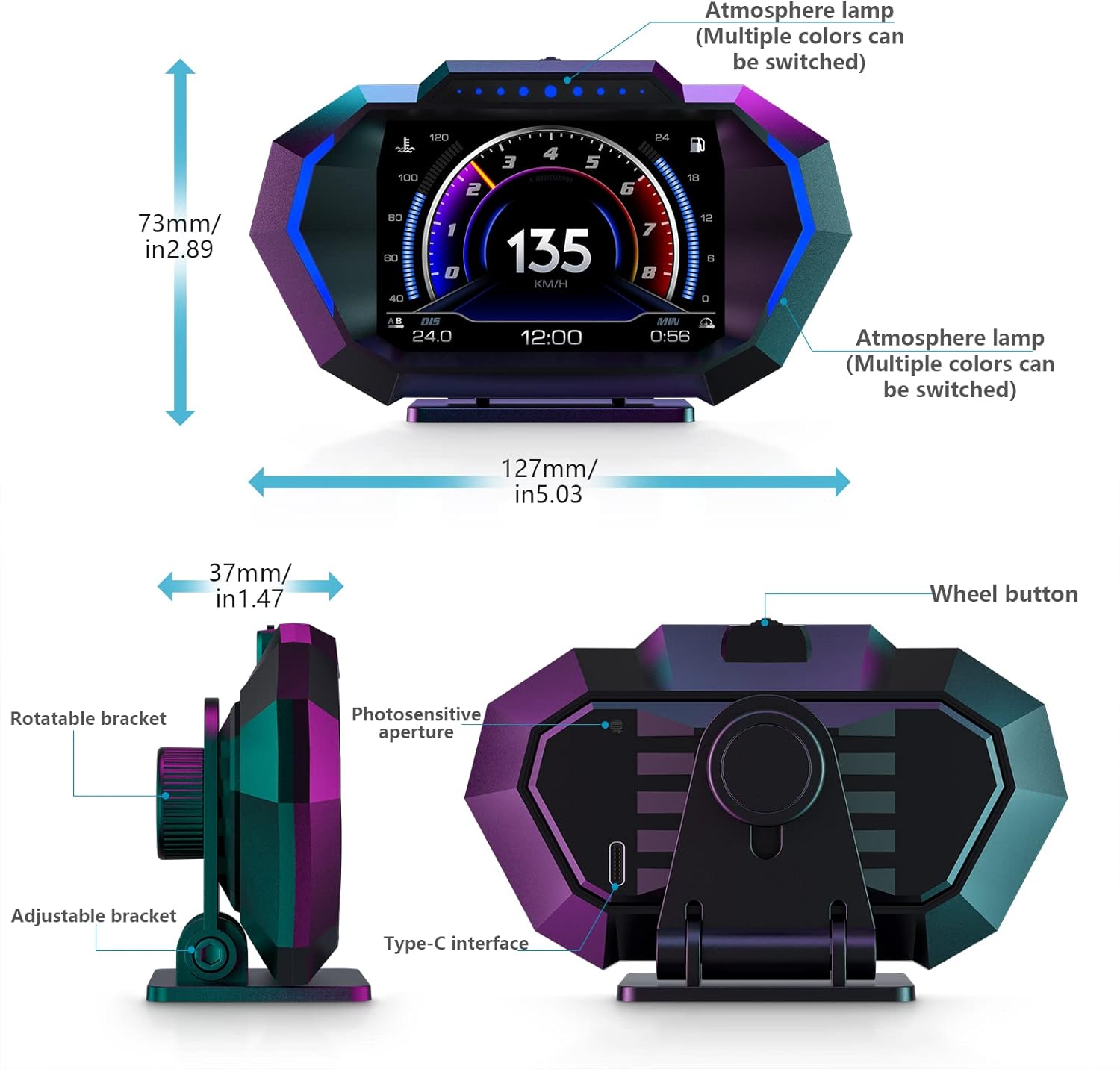 Velocímetro para automóvil, pantalla de calibre ACECAR OBD2, pantalla universal para coche HUD con velocidad MPH, tacómetro, resolución de