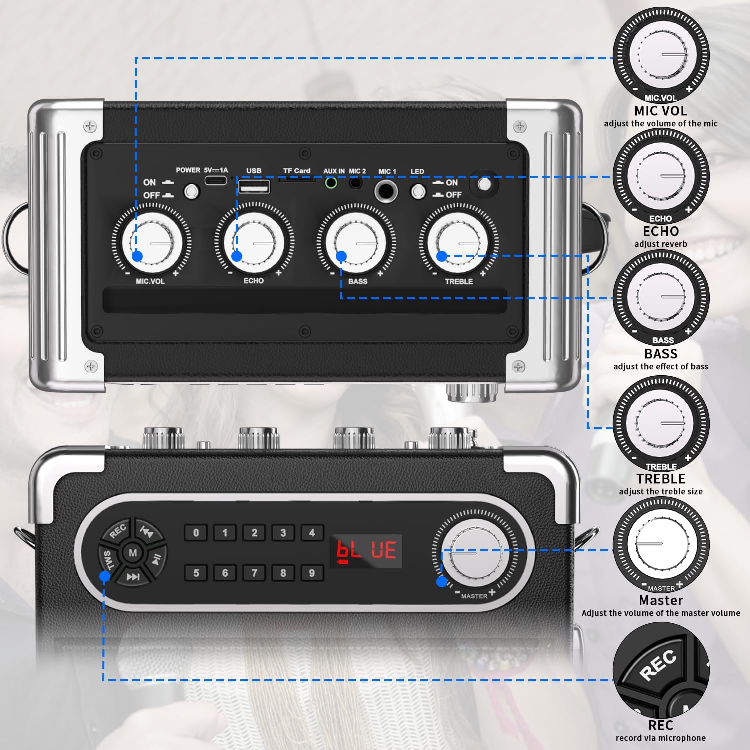 Máquina de karaoke con 2 micrófonos inalámbricos, altavoz portátil Bluetooth 5.1 para adultos y niños, ajuste de gravesagudos, sistema PA con