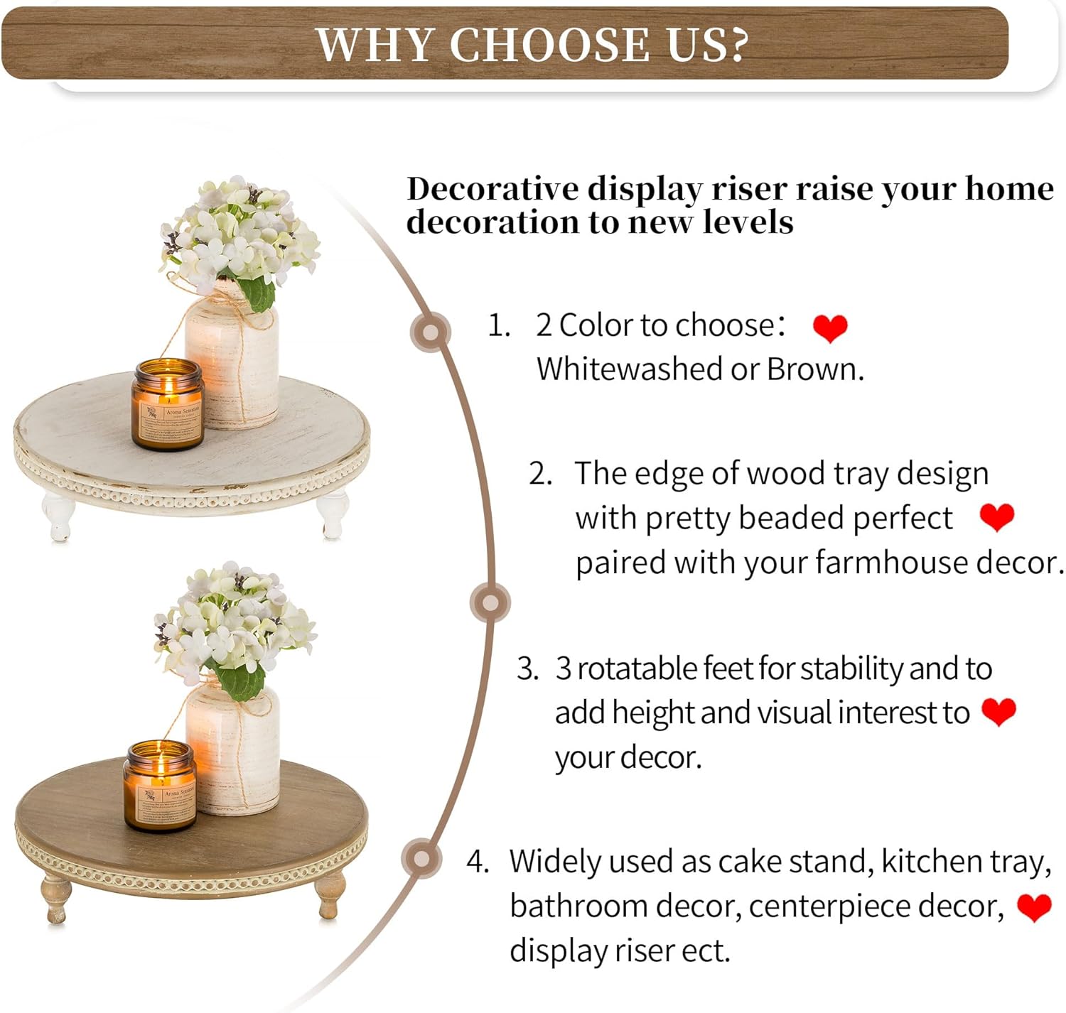 Hanobe Elevadores redondos de madera soporte de pedestal de madera con cuentas para decoración del hogar, bandejas decorativas marrones para