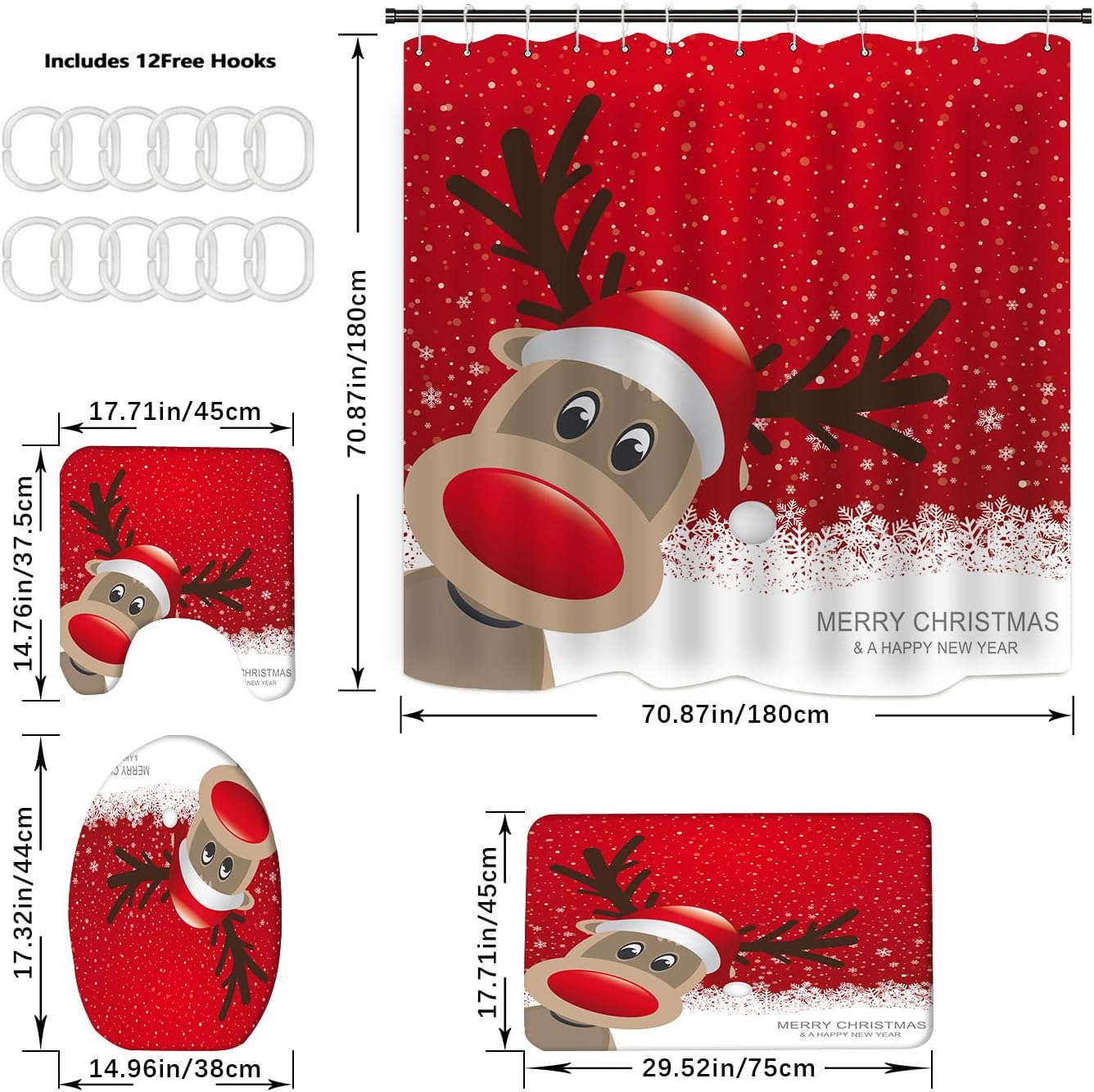 HYHWPH Juego de cortinas de ducha de Navidad, 4 piezas con cortina de ducha, alfombra de tapa de inodoro, tapete de contorno y tapete de baño,