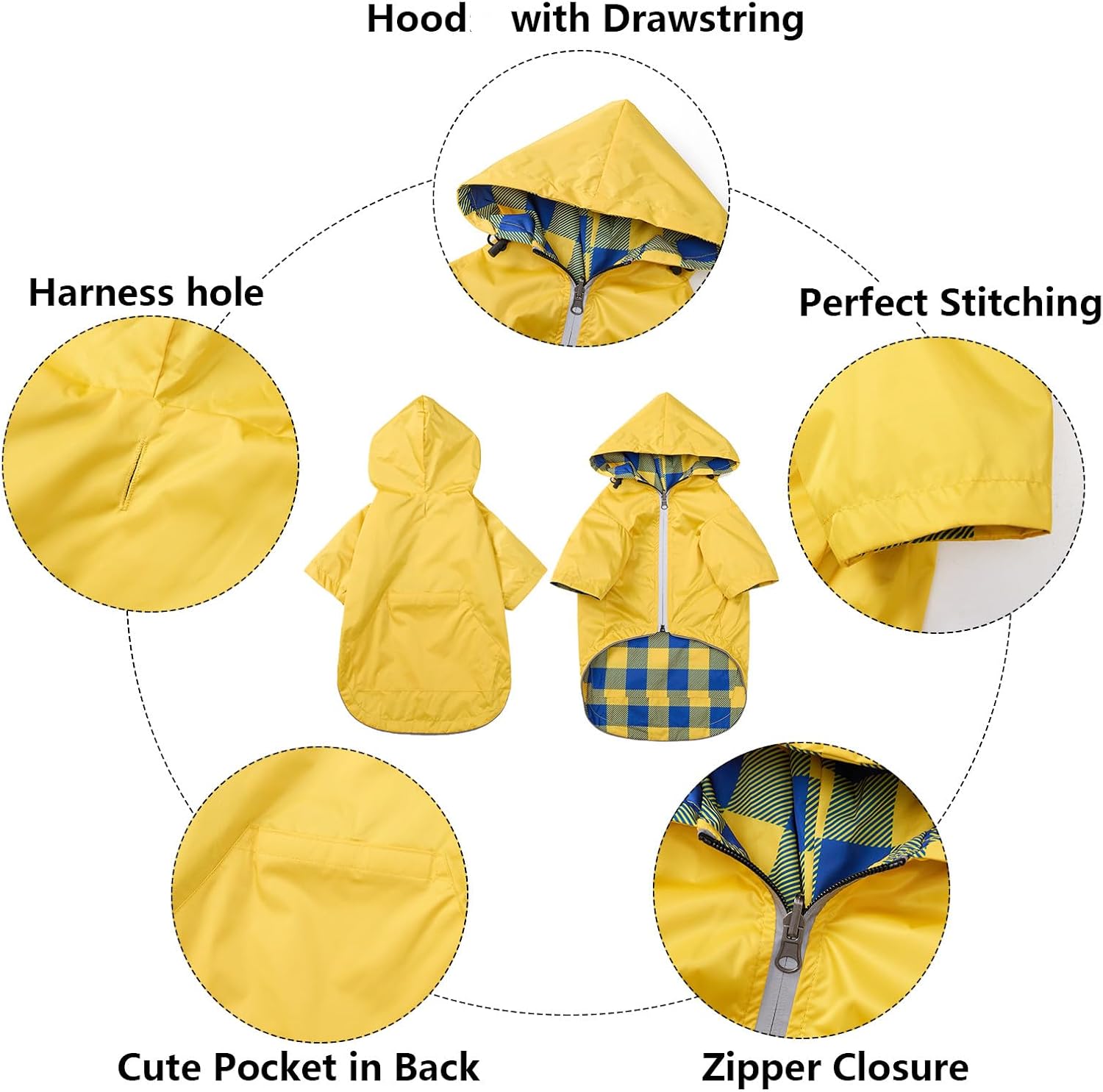 Impermeable para perro, chaqueta impermeable para cachorros, con patas y capucha para perros pequeños y medianos, poncho reversible con cremallera