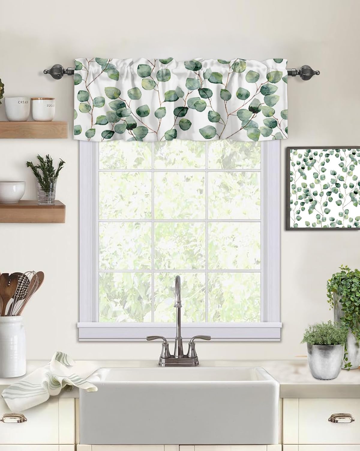 Vandarllin Cortinas de cocina de hojas de eucalipto en acuarela para ventanas, cortinas de verano con bolsillo para cortinero verde y blanco,