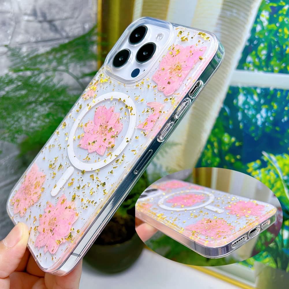 Abbery Funda magnética para iPhone 14 Pro Max de 6.7 pulgadas, compatible con MagSafe Cute Clear with Design Glitter Sparkle Real Dry Pressed Flower