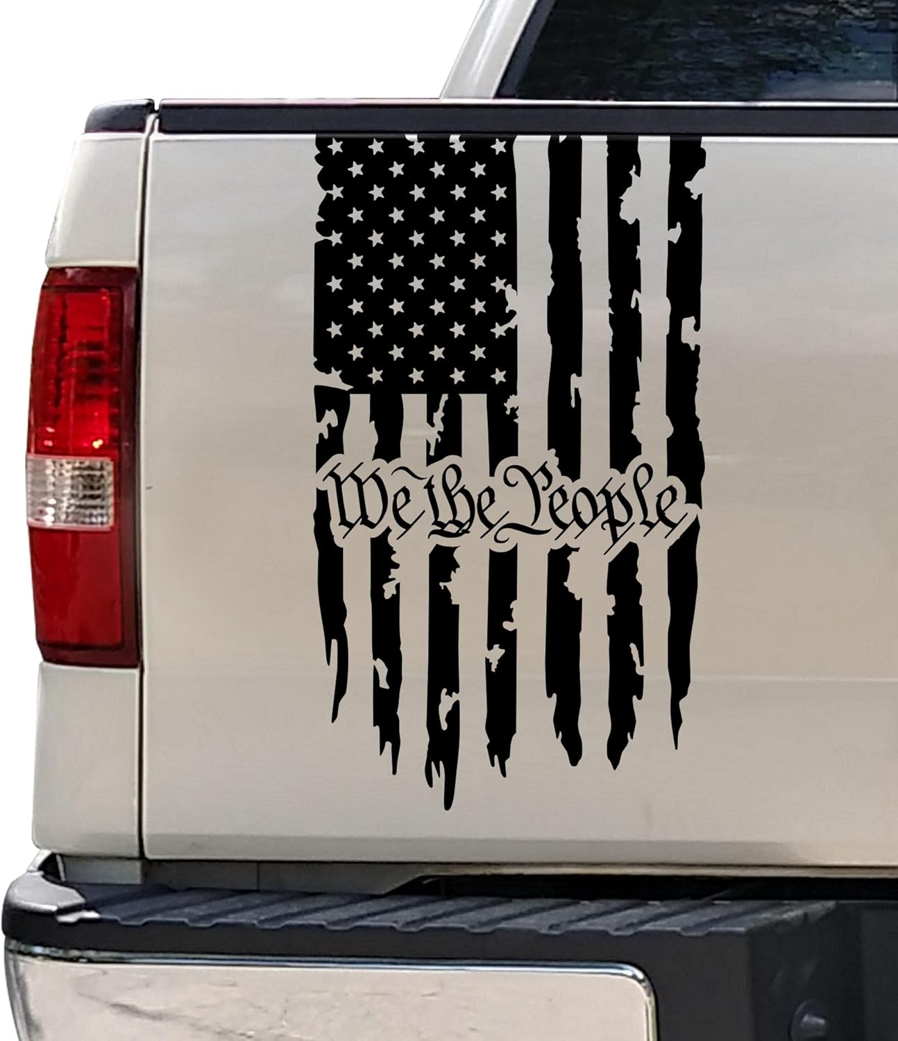 Greenyef Graphics We The People Distressed – Calcomanía de vinilo con bandera de Estados Unidos para puerta trasera de camión, preámbulo de la