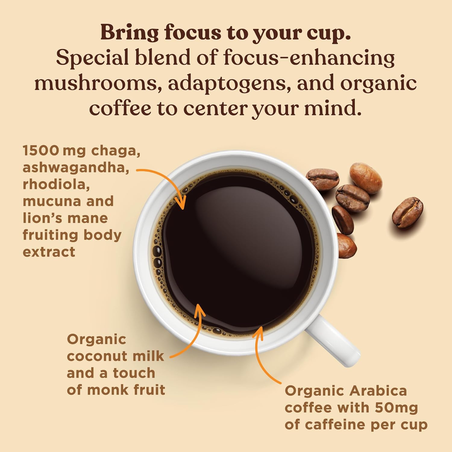 Focus Organic Mushroom Coffee Latte de Four Sigmatic  1500 mg de adaptógenos por porción  Melena de león, Chaga, Rhodiola, Ashwagandha y muuna para