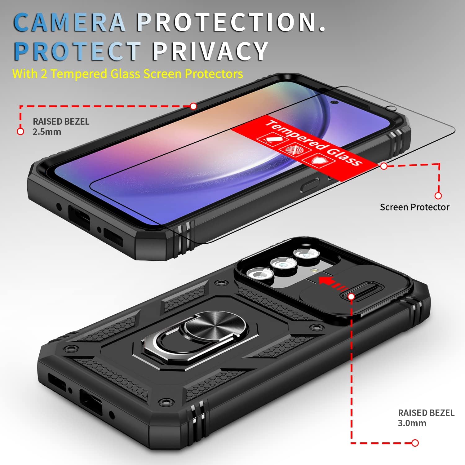 IYTRRYH Funda para Samsung Galaxy A54 5G con 2 protectores de pantalla de vidrio templado, con anillo magnético y cubierta de cámara a prueba de