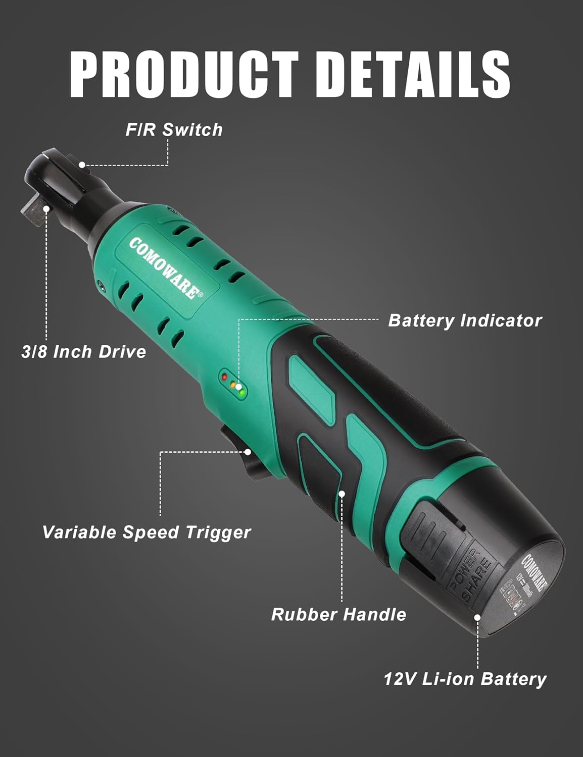 COMOWARE Llave de trinquete eléctrica inalámbrica de 38 pulgadas, kit de trinquete de potencia de 12 V de 40 pies con 1 batería de iones de litio,