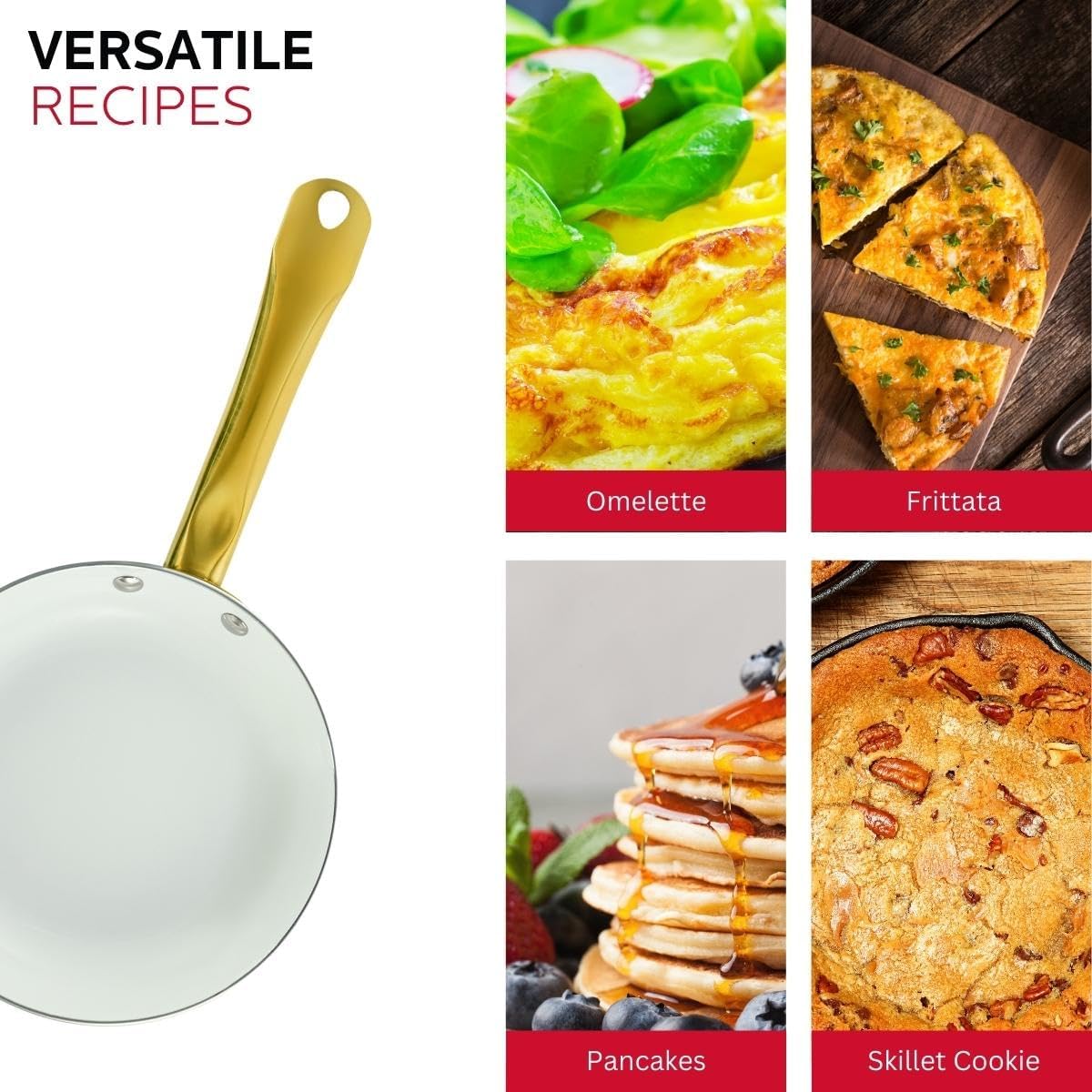 Holstein Housewares Sartén antiadherente de cerámica de 8 pulgadas, elegante mango de color blanco y dorado, elegancia dorada para cada cocina
