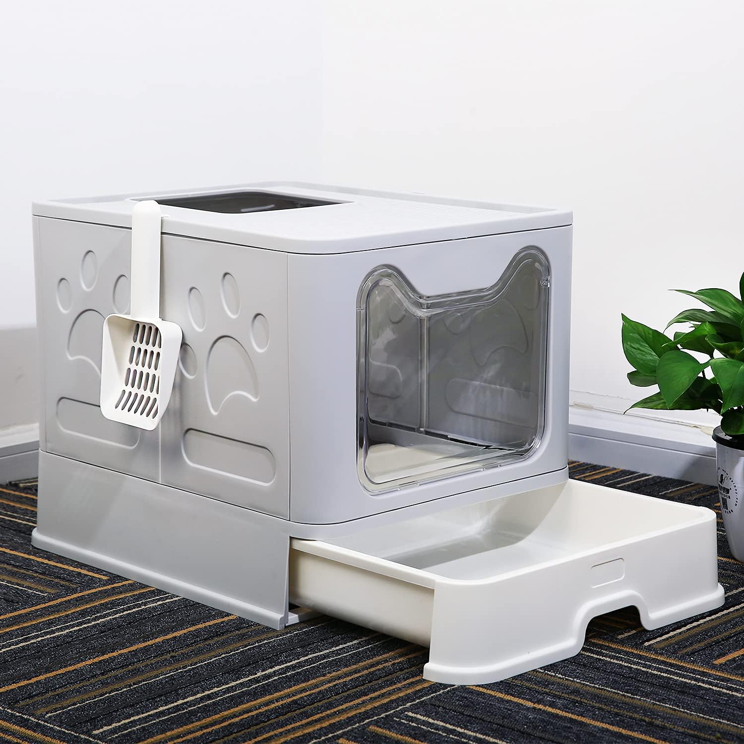 Naivees Caja de arena grande para gatos plegable con tapa de entrada superior, sin olor, fácil de limpiar con pala