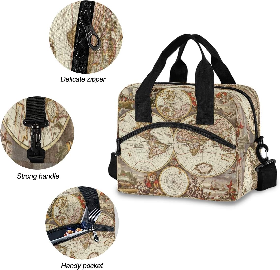 Bolsa de almuerzo con diseño de globo y mapa del mundo, organizador aislante, impermeable, para hombres y mujeres, bolso de mano, correa ajustable