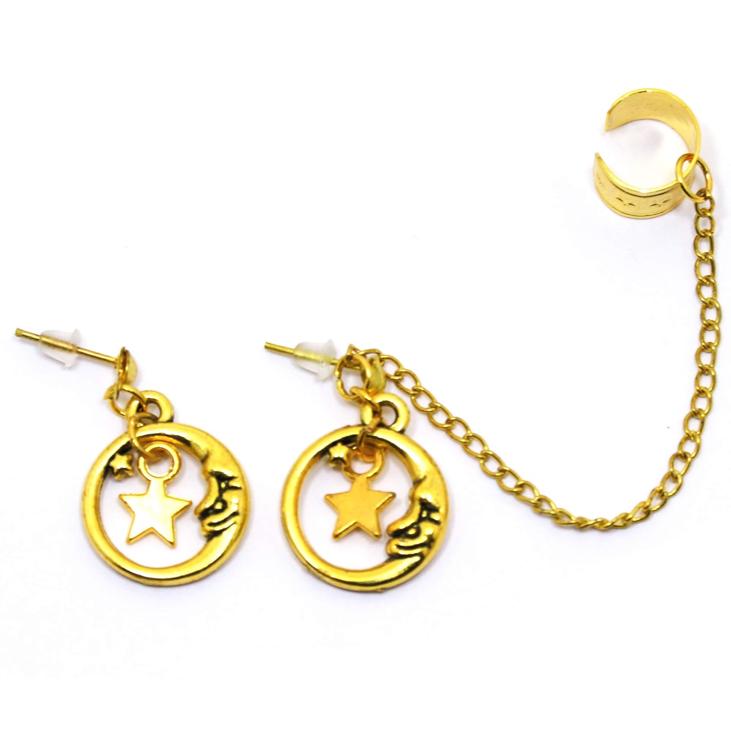 Gold moon ear cuff Handmade celestial stars earrings fake cartilage cuffs half moon dangling ear wrap crescent boho Valentines jewellery gift