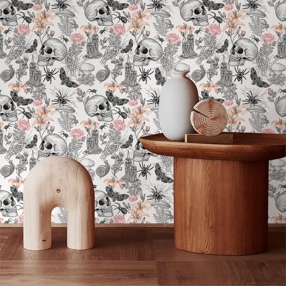 BEETAL Papel tapiz autoadhesivo con diseño de hongos y calavera en blanco y negro, papel de contacto moderno para despegar y despegar, autoadhesivo,