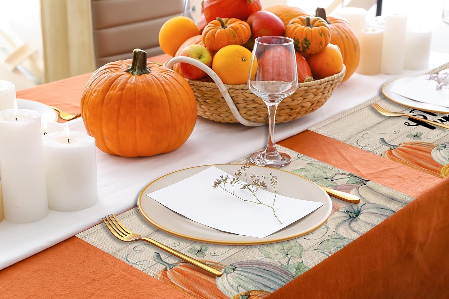 Juego de 4 manteles individuales de otoño, Hello Pumpkins, de 12 x 18 pulgadas, para decoración de fiestas, cocina, comedor