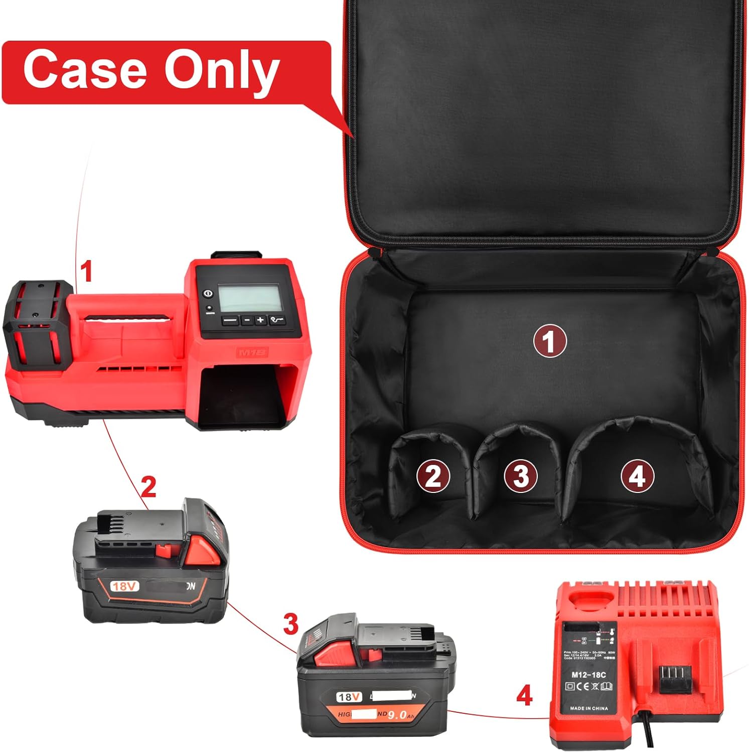 Bolsa de compresor de aire compatible con inflador Milwaukee M18 2848-20, caja de transporte de bomba para accesorios de herramientas Milwaukee,