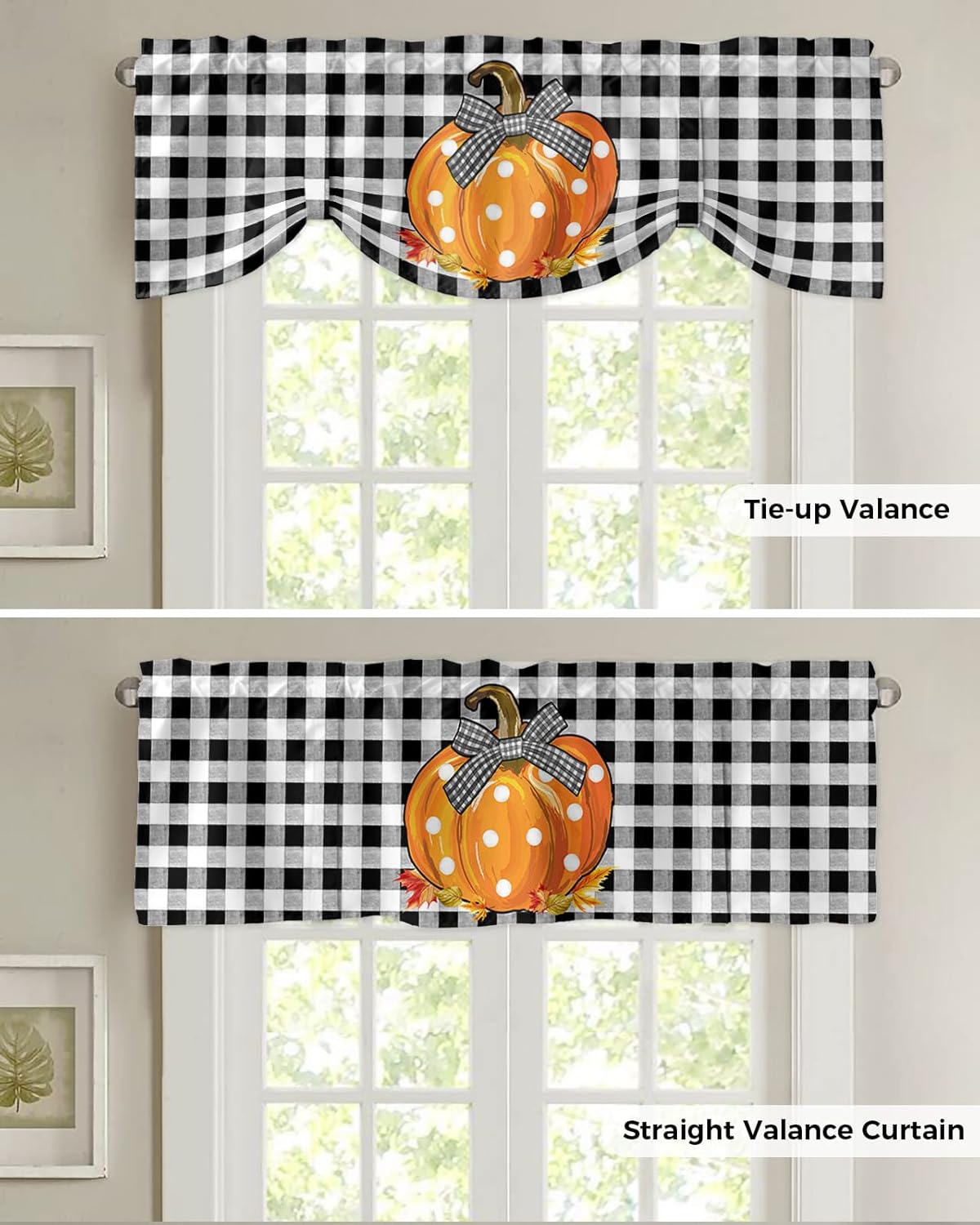 Cortina de cenefa de amarre de 42 x 18 pulgadas para ventanas, diseño de calabaza de Acción de Gracias, color negro y blanco, a cuadros, ajustable,