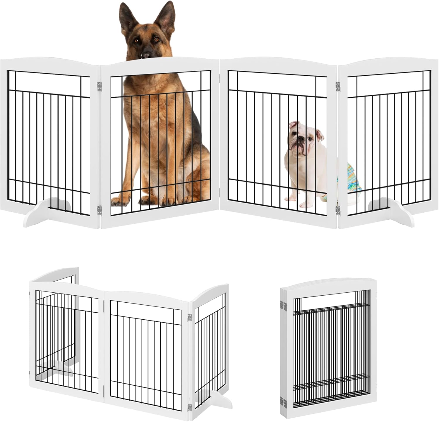 4NM Puerta plegable de madera para perros de 96 pulgadas extra ancha y 30 pulgadas de alto, puerta de alambre independiente para mascotas, puerta de