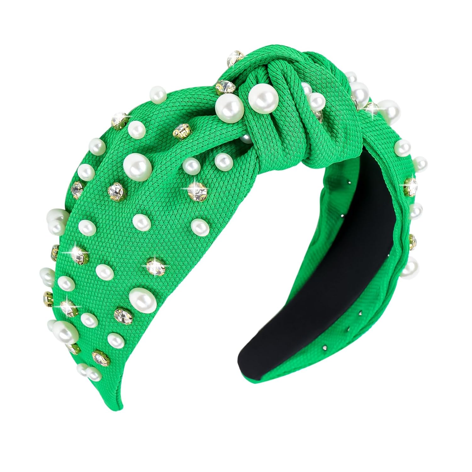 Jaciya Diademas de perlas para niñas, diademas de diamantes de imitación para mujer, diadema ancha anudada verde para mujer, diadema con cuentas