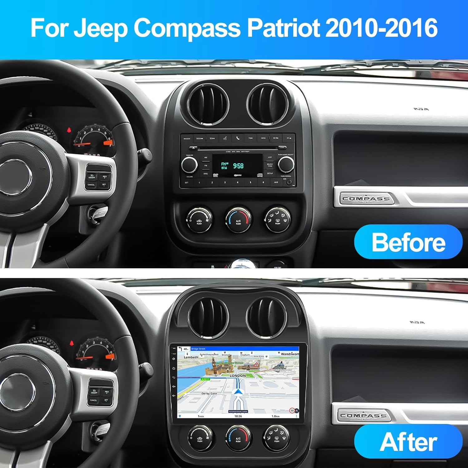 CAMECHO Android 13 (2G+64G) Estéreo de coche para Jeep Compass Patriot 2010-2016, radio de coche con pantalla táctil de 10.1 pulgadas con Bluetooth,