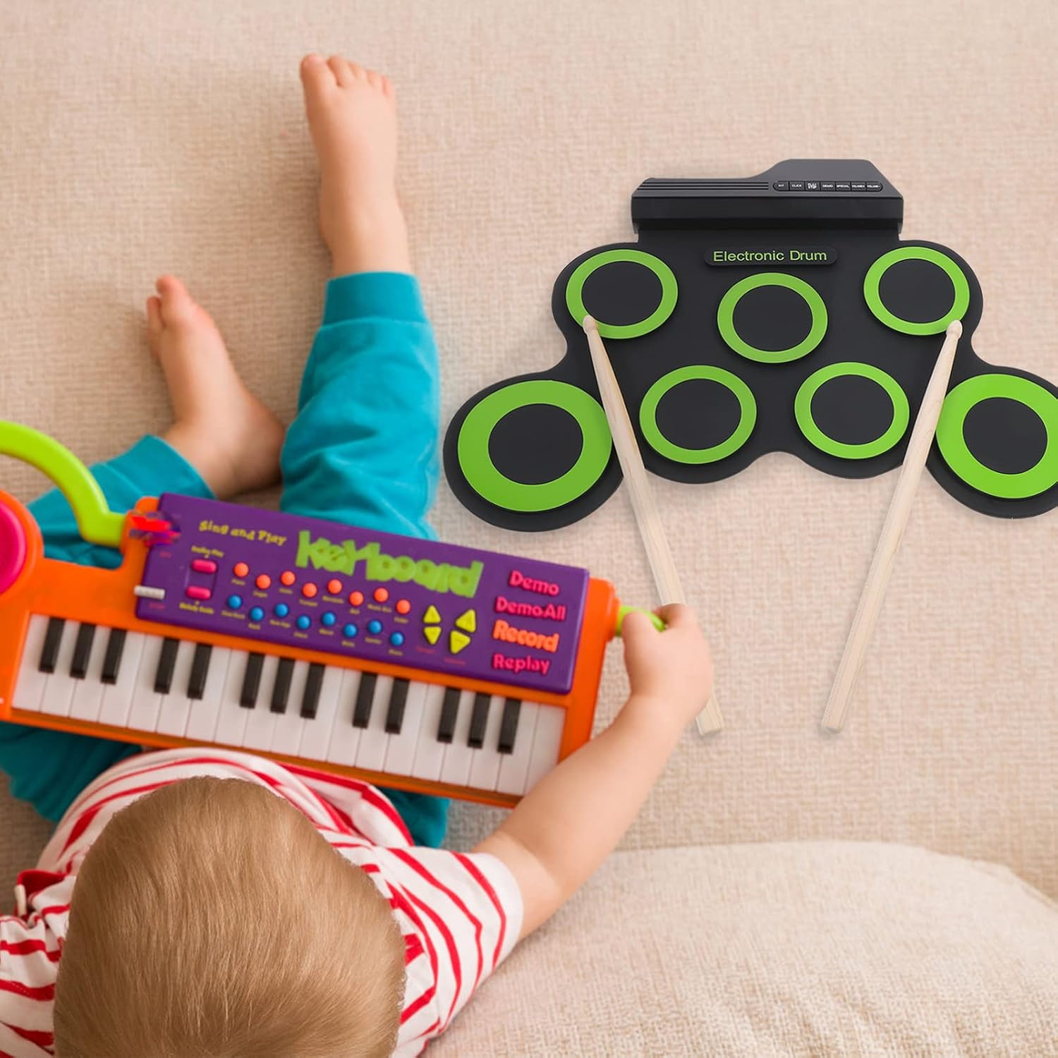 Generic Juego de batería electrónica portátil, almohadilla de práctica enrollable midi, kit de batería con pedales de pie de gato, 10 horas de