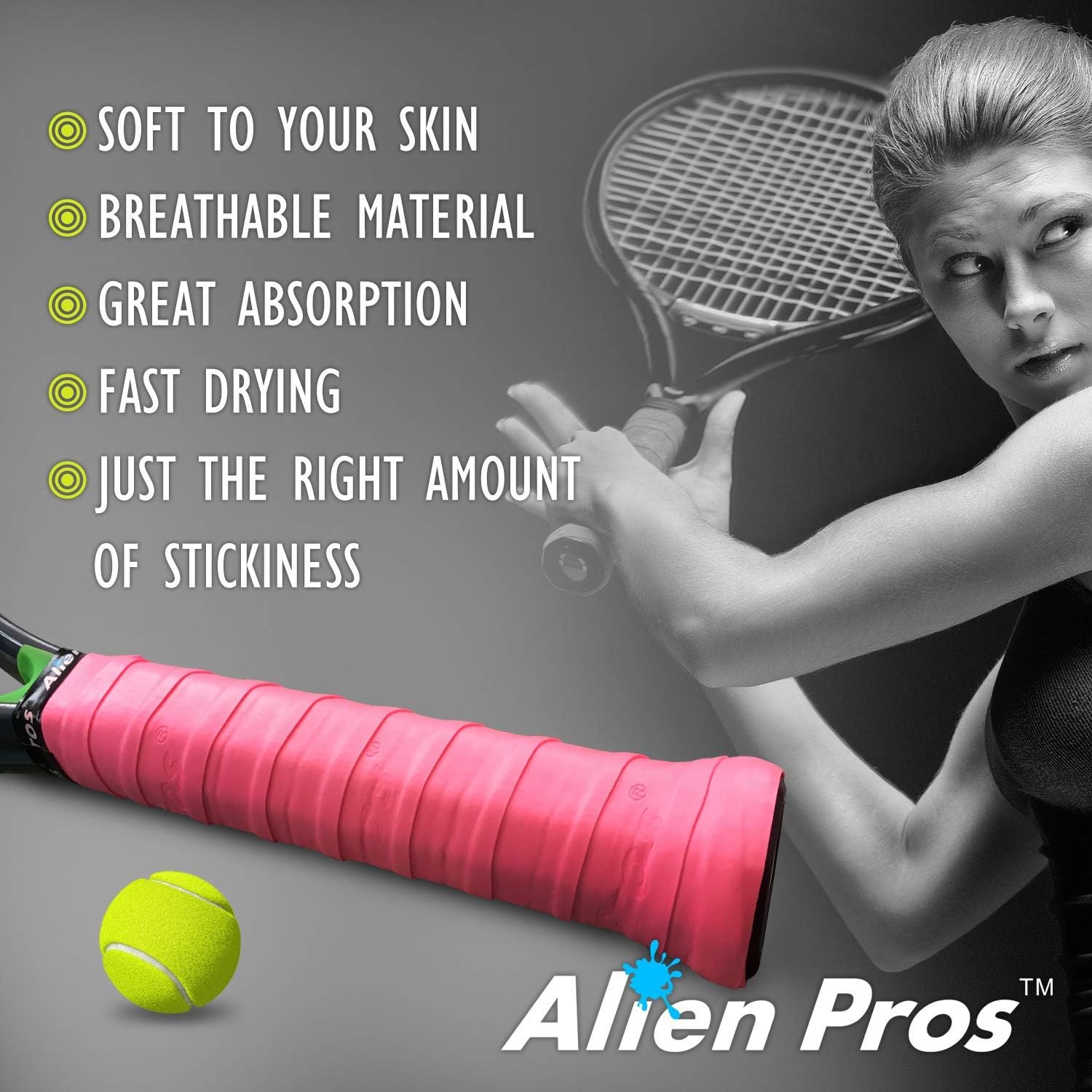 Alien Pros – Cinta de agarre para raqueta de tenis (6, 12 o 60 agarres), agarre de tenis precortado y con sensación seca, cinta de agarre para