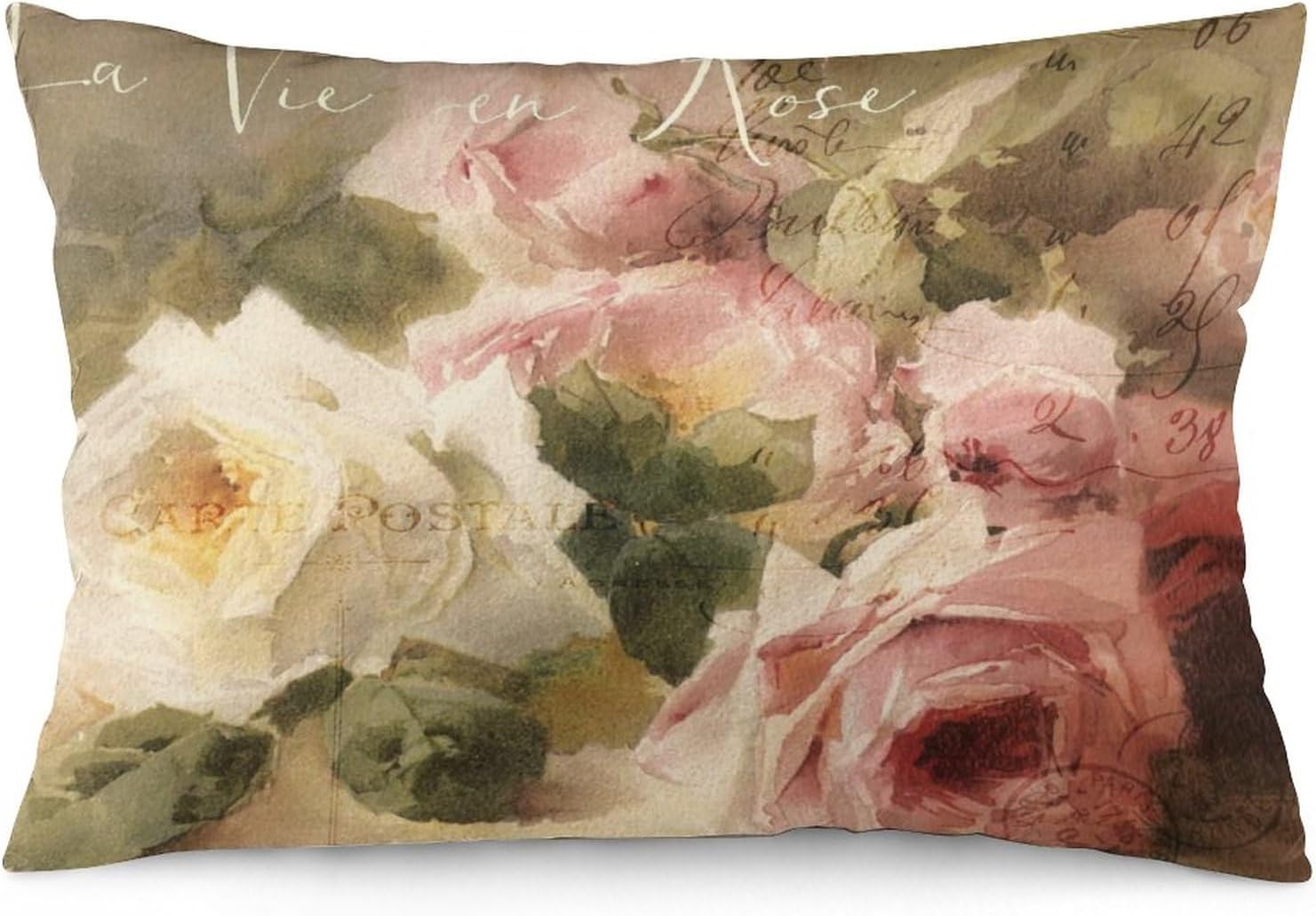 Wreioau Funda de almohada decorativa con diseño de rosas Shabby Chic para decoración del hogar, para sala de estar, sofá, coche, acogedora funda de