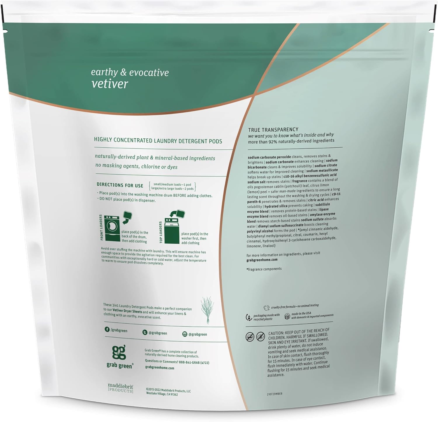 Grab Green Cápsulas de detergente 3 en 1, 132 unidades, aroma vetiver, a base de plantas y minerales, poder de limpieza superior, removedor de