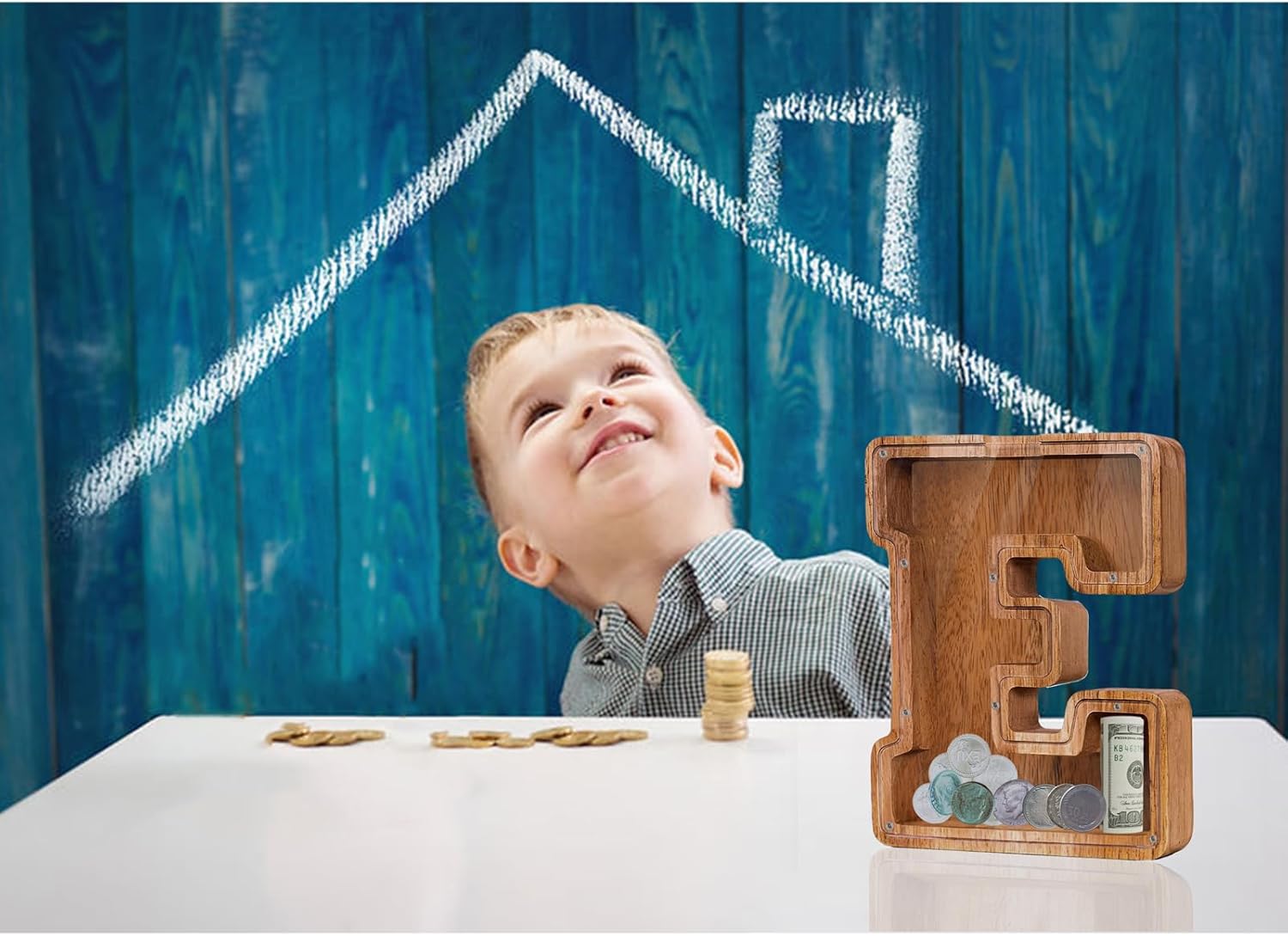Alcancía grande de madera con nombre personalizado para niños y niñas, alfabetos, letras A-Z, monedas, billetes, cambio de dinero, caja bancaria