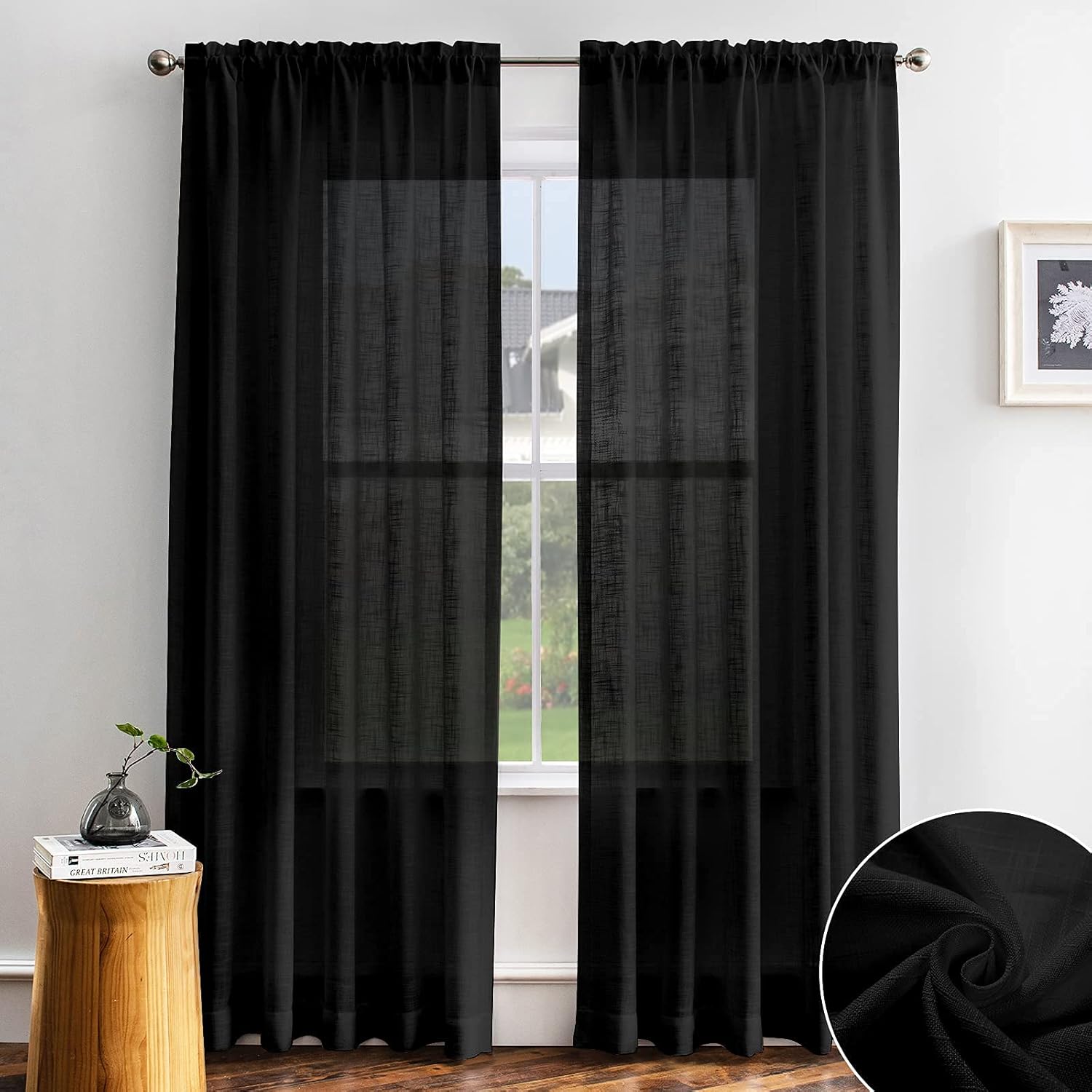 Melodieux Cortinas semitraslúcidas con textura de lino negro de 96 pulgadas de largo para sala de estar, dormitorio, cortinas de gasa con bolsillo