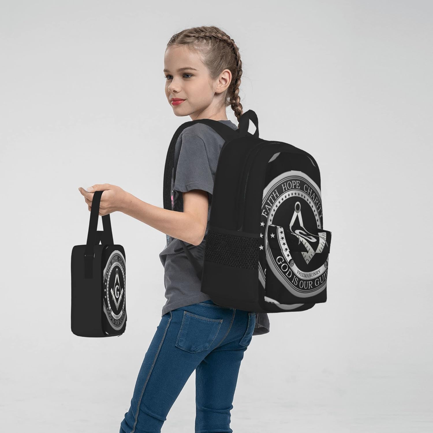 Juego de mochila de 3 piezas para niños y niñas (bolsa escolar + estuche + combinación de bolsa de almuerzo), Negro -, Mochila, viaje