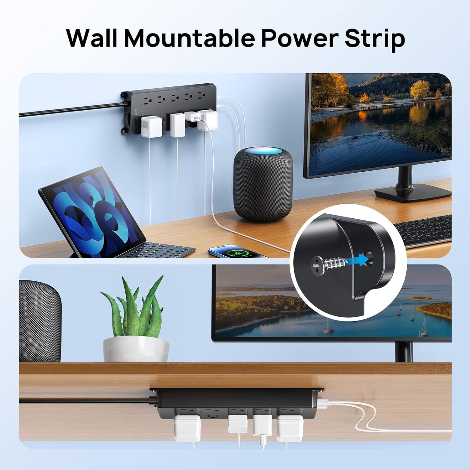 TROND Protector de sobretensión, cable de extensión de enchufe plano de 15 pies de largo, 10 salidas de CA ampliamente espaciadas, 2 puertos USB A y