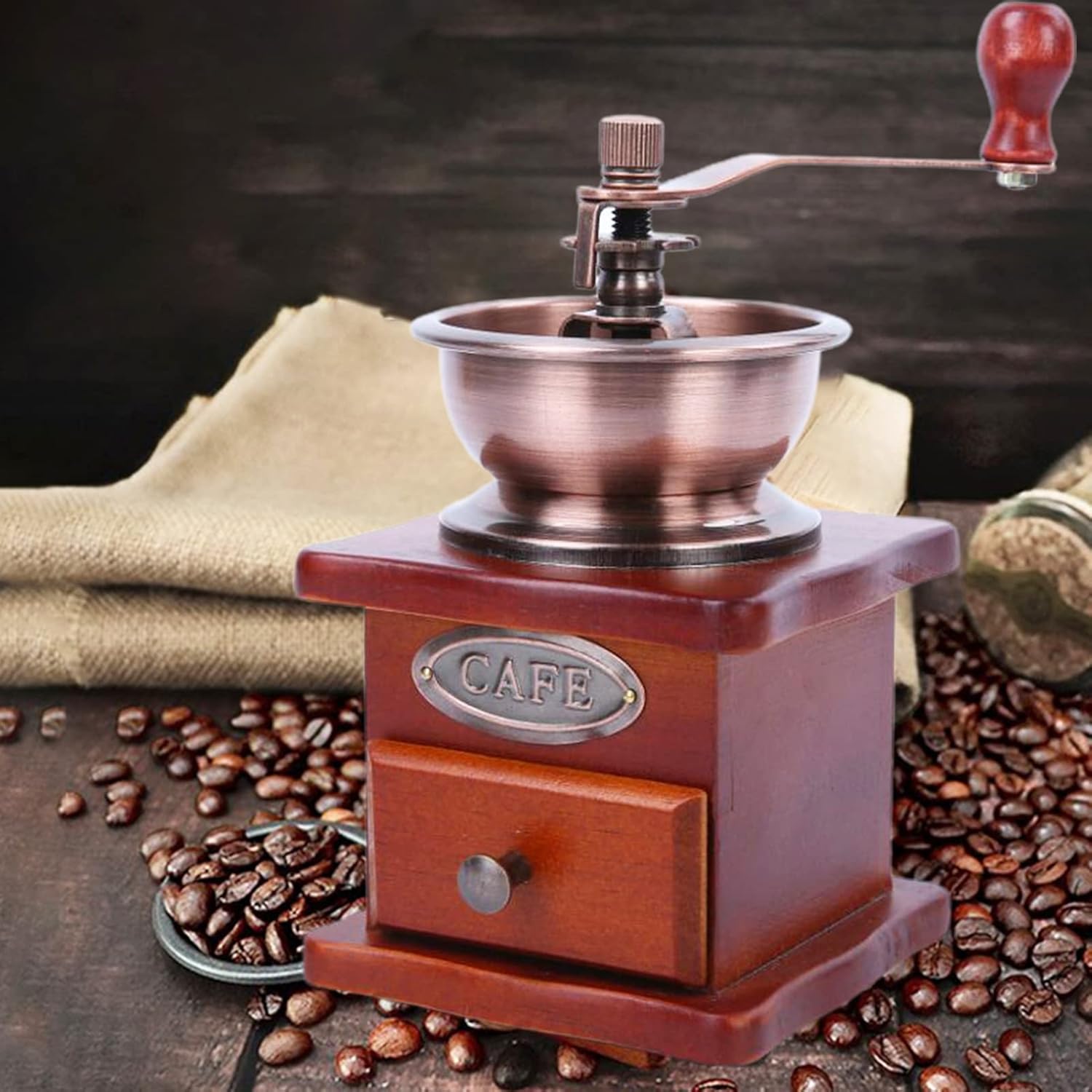 Molinillo de café manual antiguo, molinillo de grano de café vintage de mano con rebabas cónicas de madera, molinillo de café de 4 x 4 pulgadas,