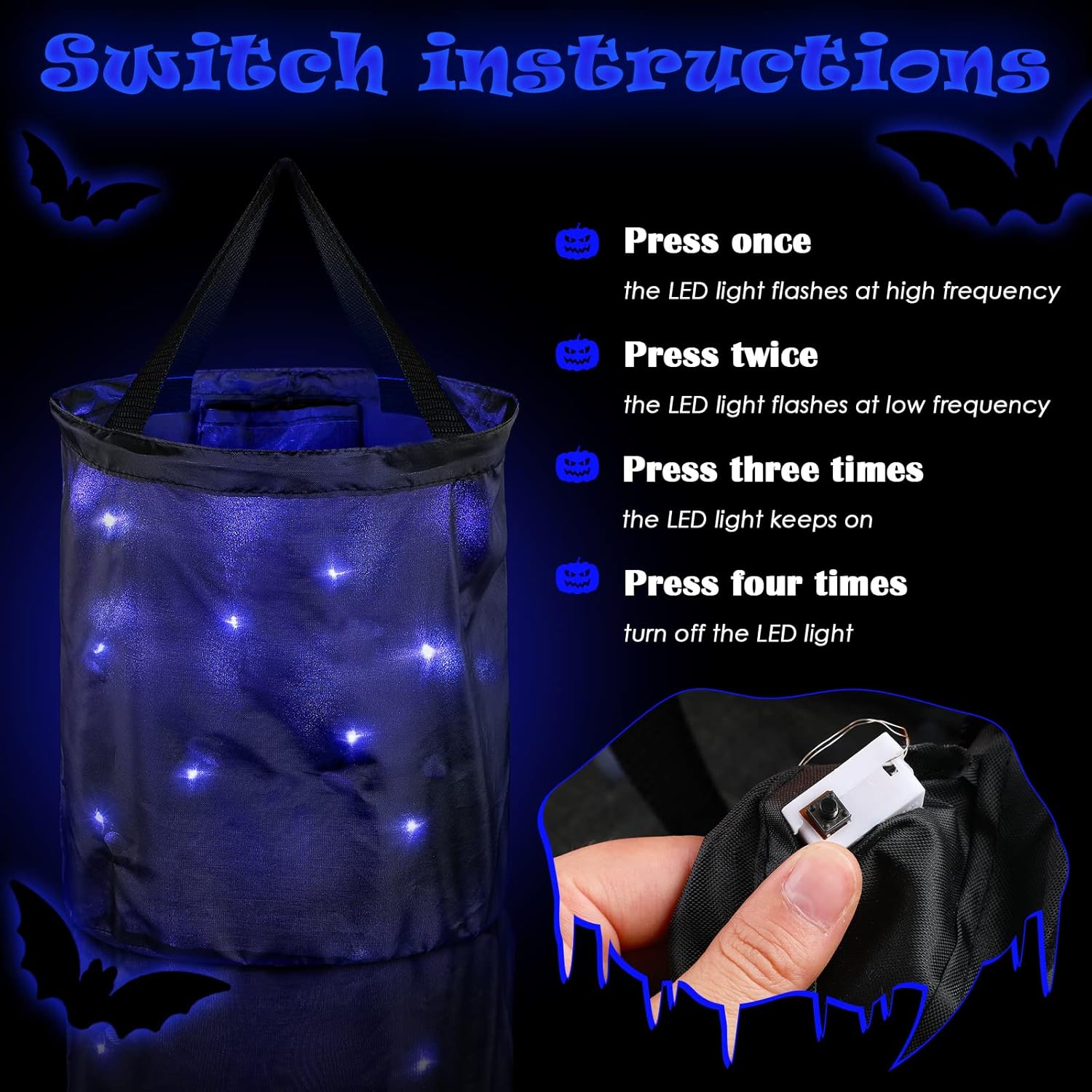 Shappy 2 bolsas de dulces de Halloween con luz LED, bolsas de fiesta de Halloween, multiusos, reutilizables, bolsas para dulces o trucos para niños,