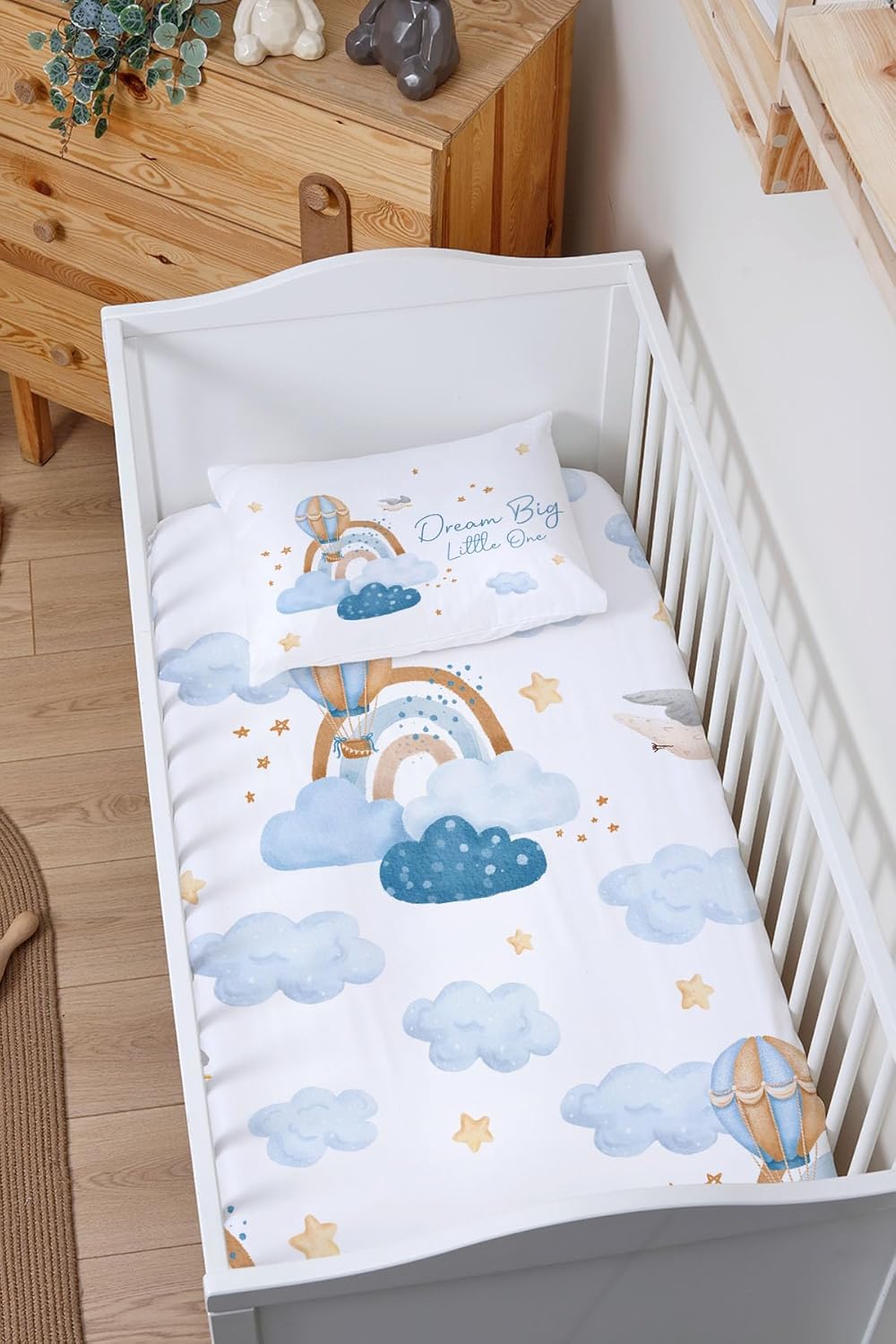 -Blue Clouds – Sábana bajera ajustable y funda de almohada de algodón suave orgánico para bebé, sábanas suaves para cuna, sábana bajera unisex para
