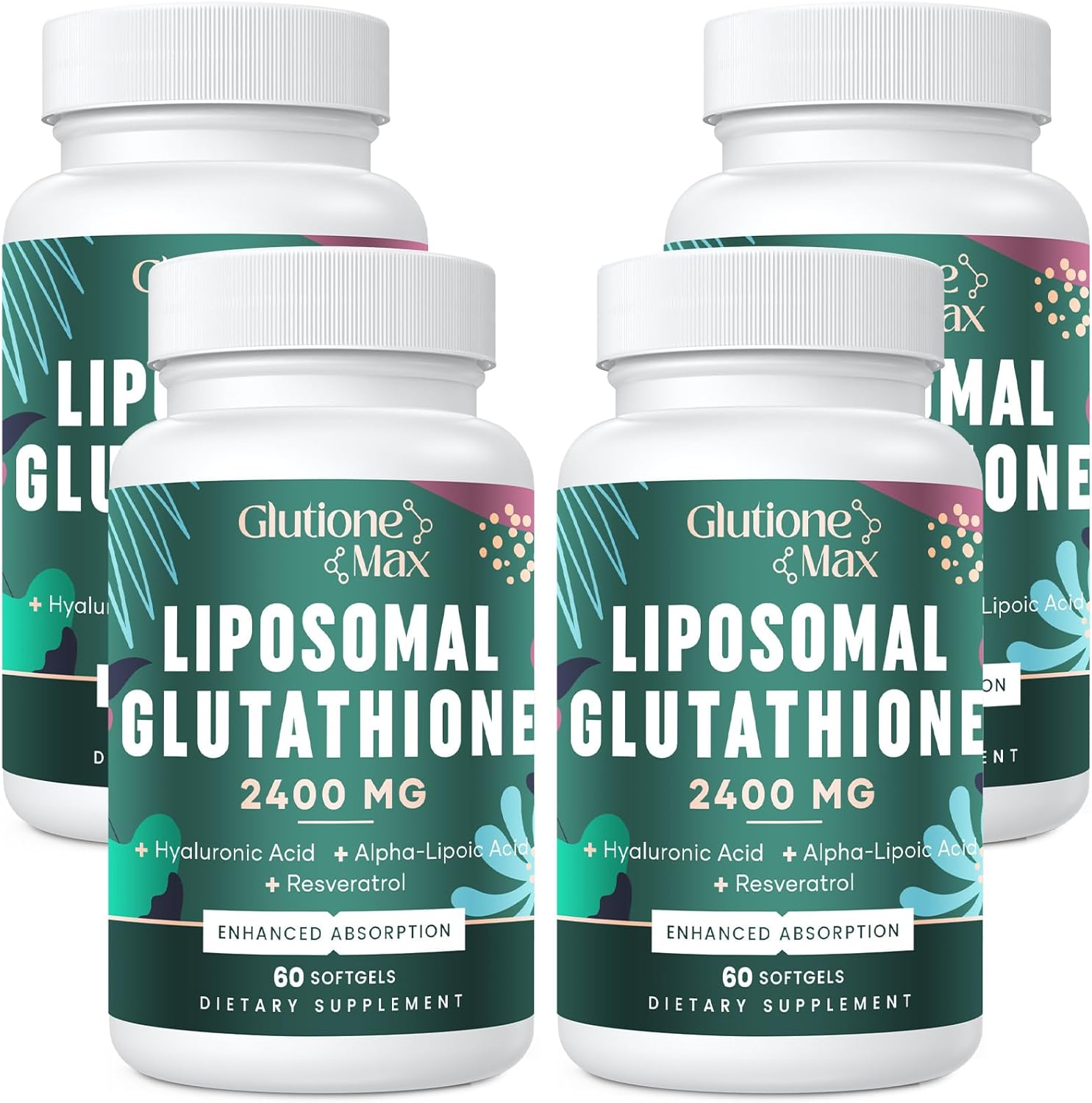 Glutatión liposomal de 2400 mg  Absorción máxima  Suplemento de glutatión con ácido hialurónico, resveratrol, L  glutatión reducido, antioxidante